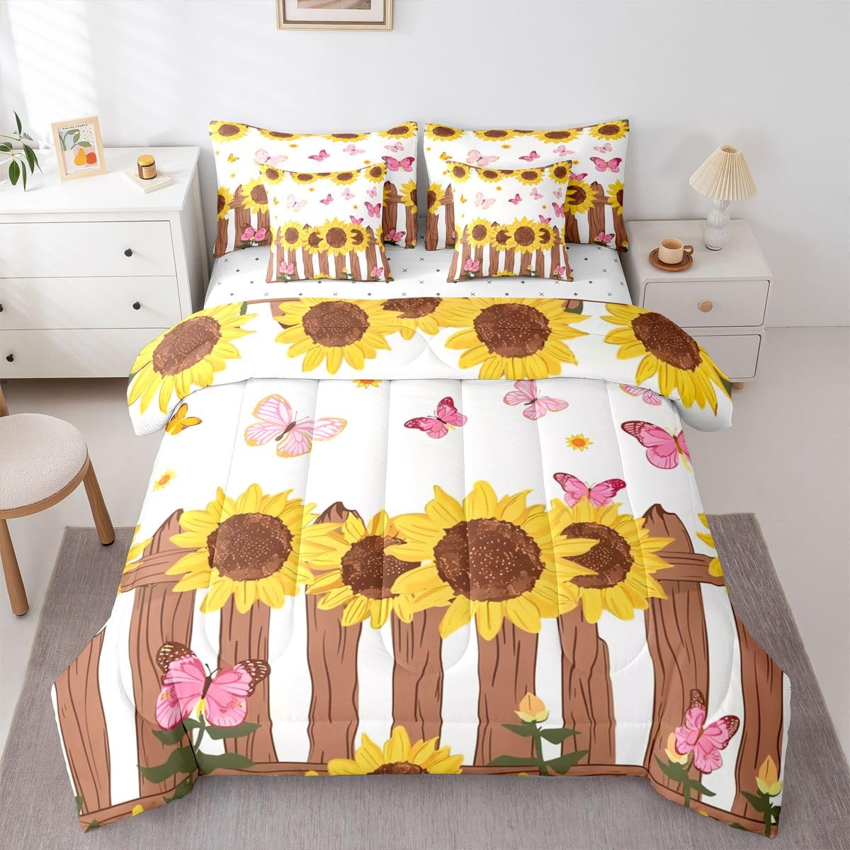 Erosebridal Sunflower 7 Piece Bedding Set Twin Butterflies Comforter Set with Sheets Cute Pink Butterfly Farmhouse Cartoon for Kids Boys Girls Yellow Petals Bud Wooden Fence Bed in a Bag