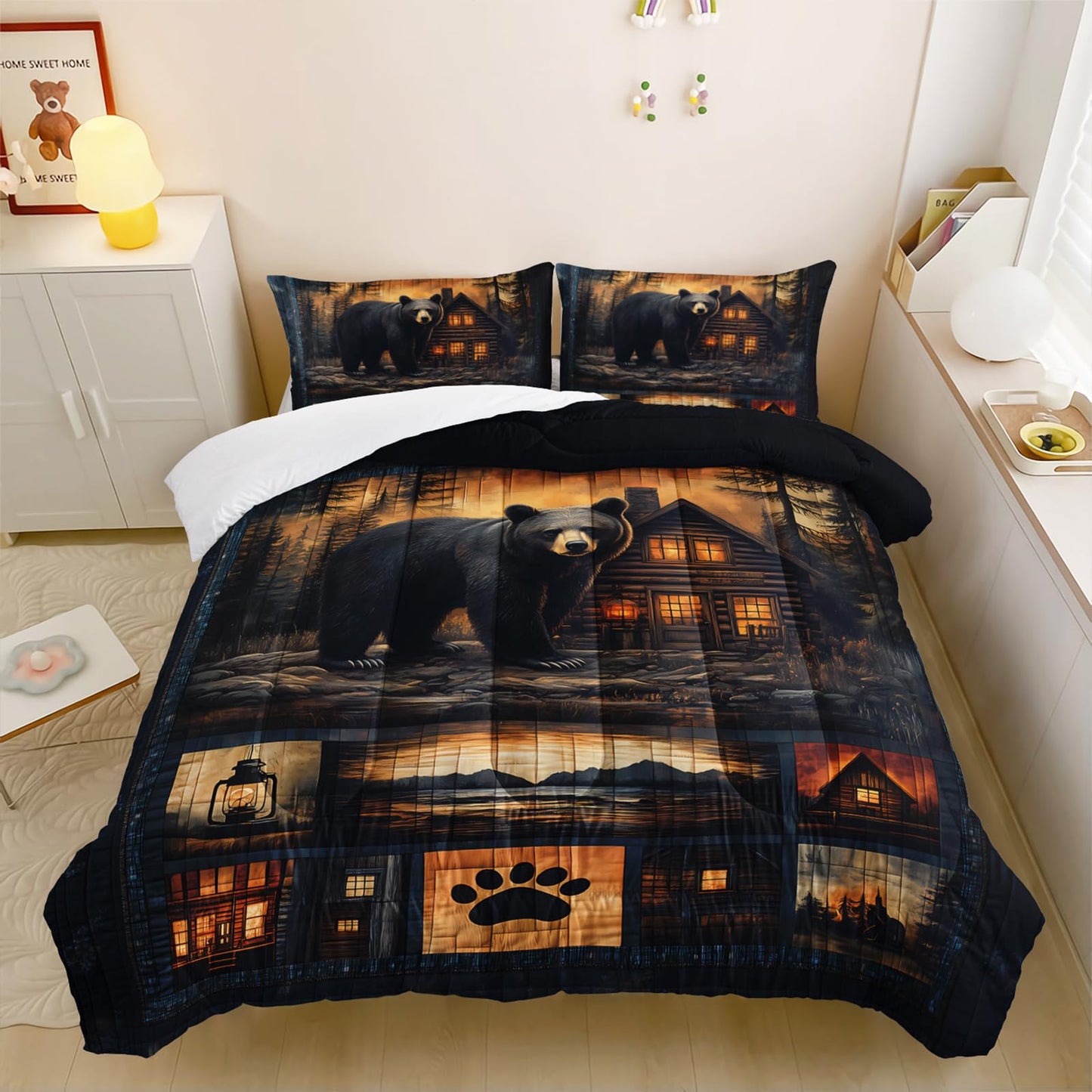 lneffble Black Bear Comforter Set Twin Size for Boys Kids,Rustic Theme Woodland Cabin Lodge Bear Hunting Bedding Set,Soft Microfiber Wildlife Forest Animals Print Quilt Set
