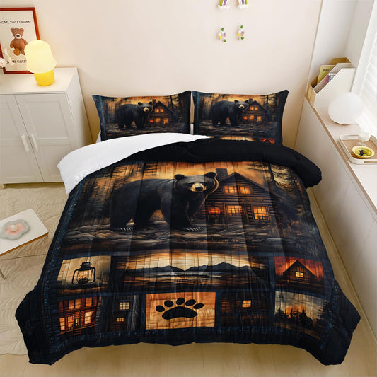 lneffble Black Bear Comforter Set Twin Size for Boys Kids,Rustic Theme Woodland Cabin Lodge Bear Hunting Bedding Set,Soft Microfiber Wildlife Forest Animals Print Quilt Set