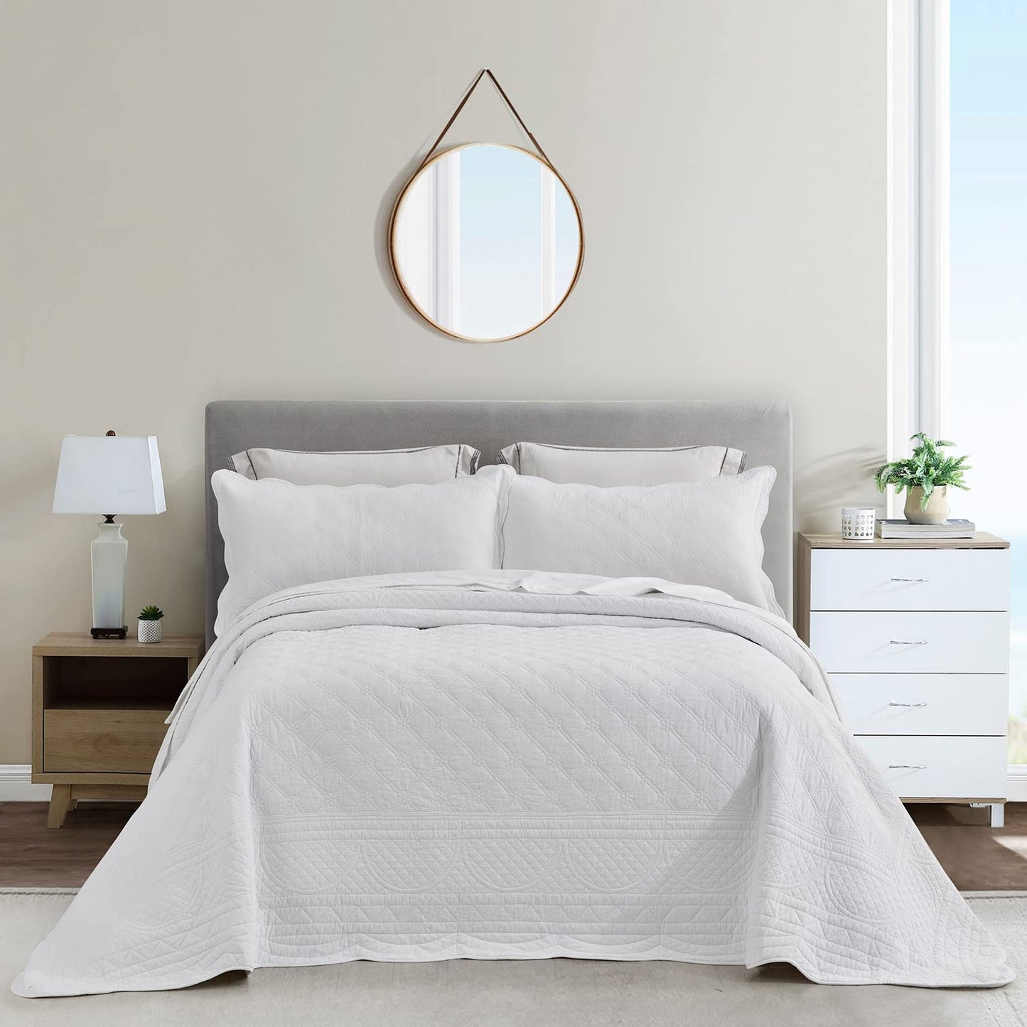 CHIXIN Cotton Bedspread Full Size - Real Stitching - Luxury Quilted Bedding Cover for All Season, Reversible, Ultra Soft, Lightweight, 3 Piece, Pure White