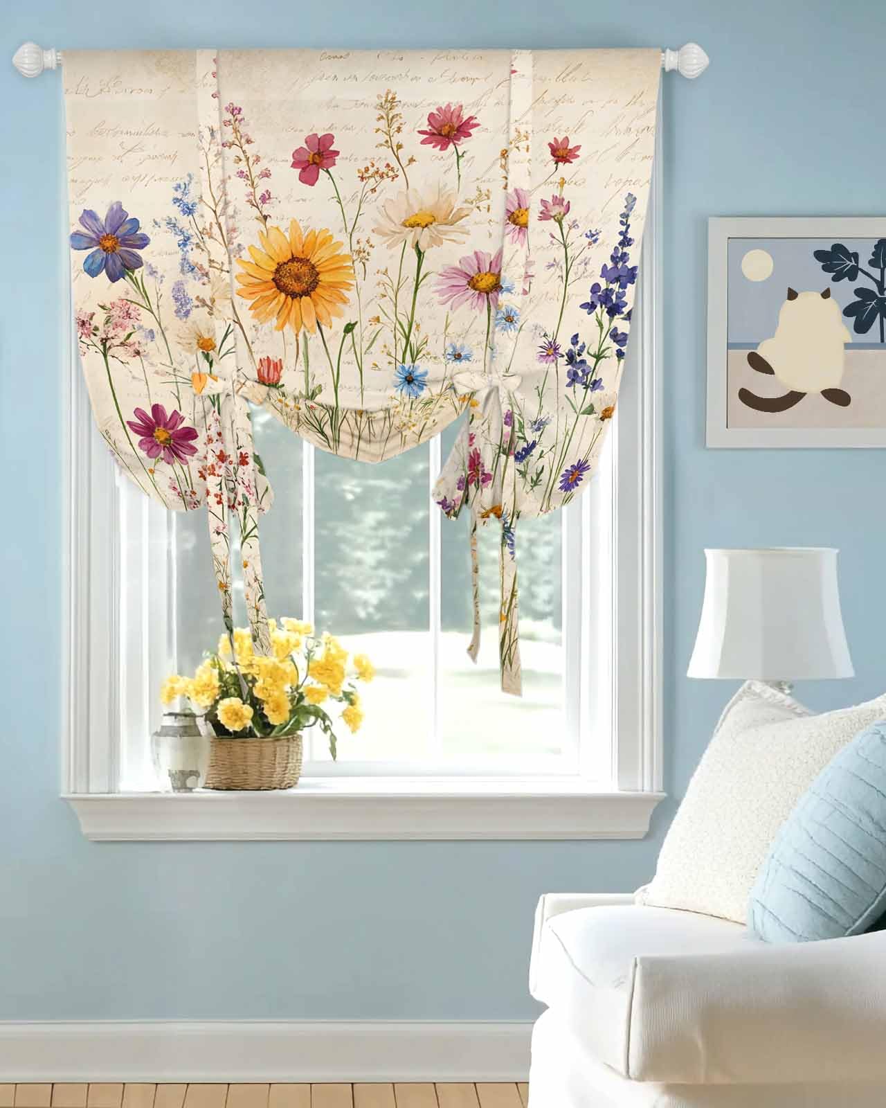 Botanical Floral Tie Up Curtains for Small Windows, Adjustable Rod Pocket Purple Pink Yellow Wildflowers Valance 45 Inch Short for Bathroom Kitchen, Retro Spring Balloon Roman Blind Shade, 34" x 45"