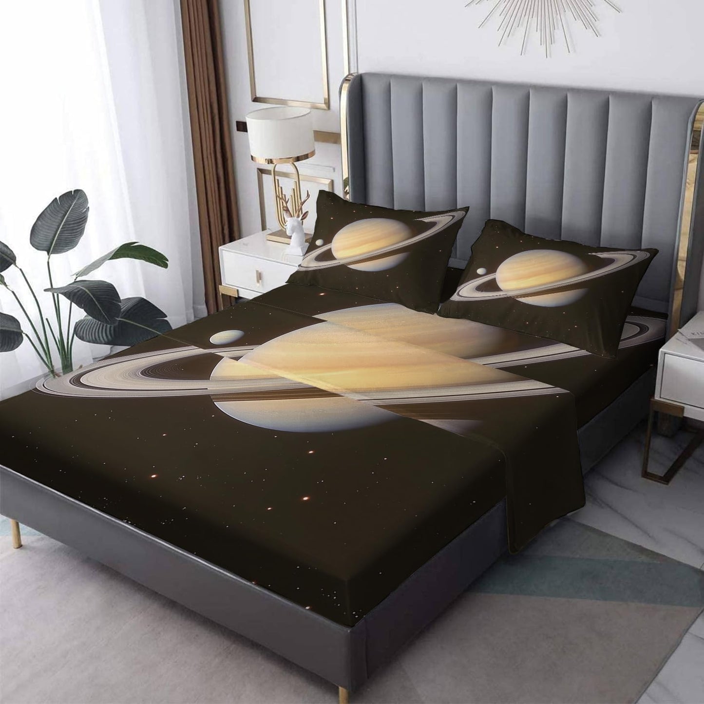 NOGAWA Space Sheets Cal King, Planet Bed Sheets, Deep Pocket & Soft Microfiber Bedding Sheets & Pillowcases 4 Piece - Fitted Sheet & Flat Sheet & 2 Pillow Cases