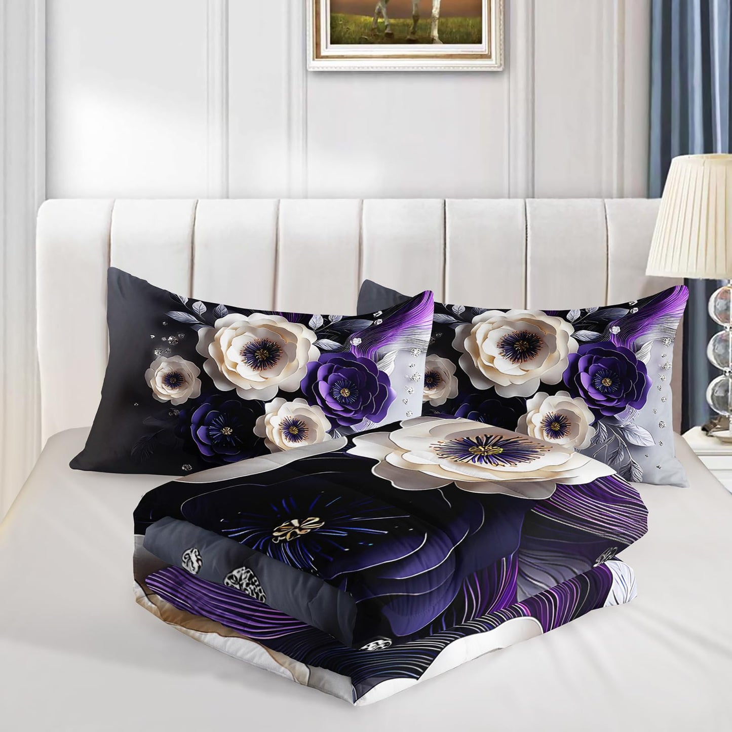 QOOMO Purple Flowers Kids Bedding Set,Cartoon Plants Comforter Set Queen Size for Boys Girls Teen Room Decorat,Soft Lightweight Bed Set All Season,1 Comforter 2 Pillowcases