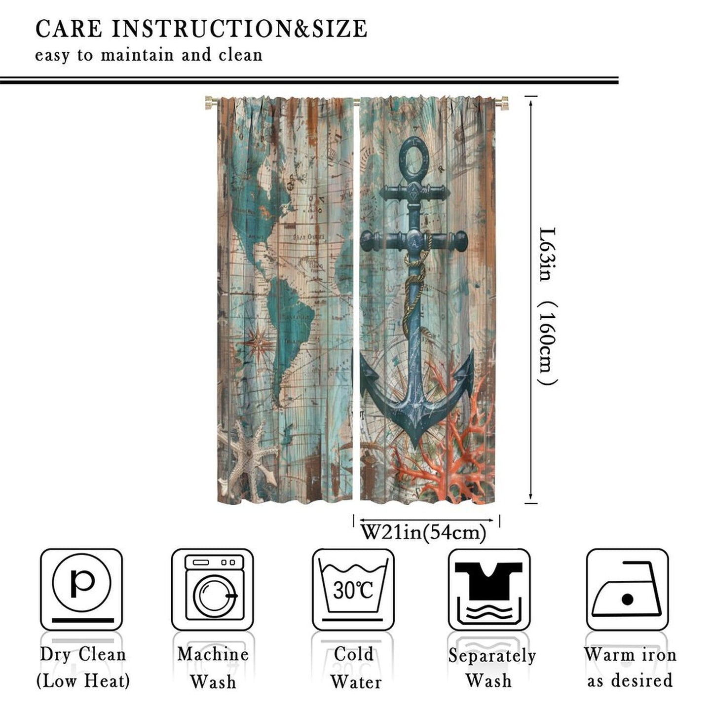 TOWINSFB Blue Nautical Map Anchor Blackout Curtains for Bedroom Living Room, Retro Plank Starfish Marine Life Coral Thermal Insulated Room Darkening Curtain- 2 Panels, Each 63" L x 21" W
