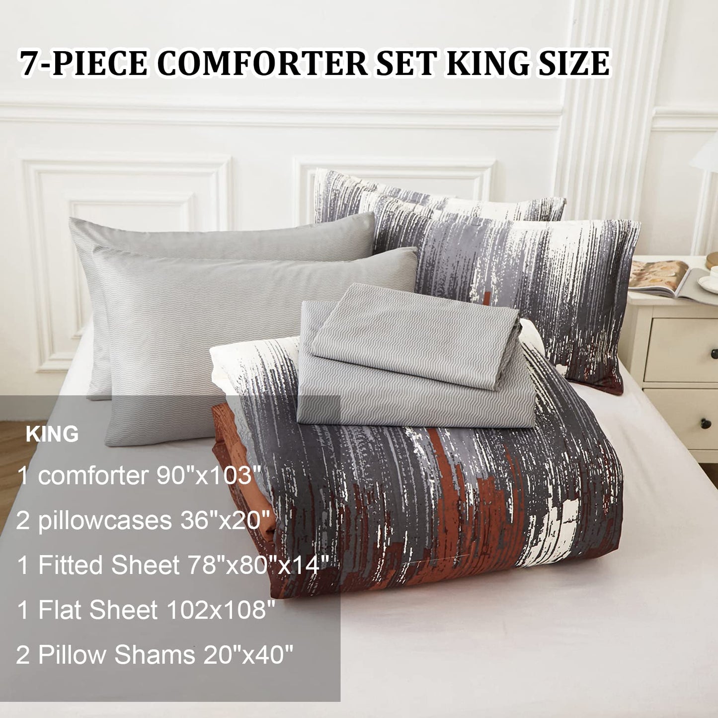 WONGS BEDDING Comforter Set King, Burnt Orange 7 Pieces Bed in a Bag Abstract Gradient Soft Microfiber Terracotta Bedding Set with Flat Sheet, Fitted Sheet, Pillow Shams, Pillowcases