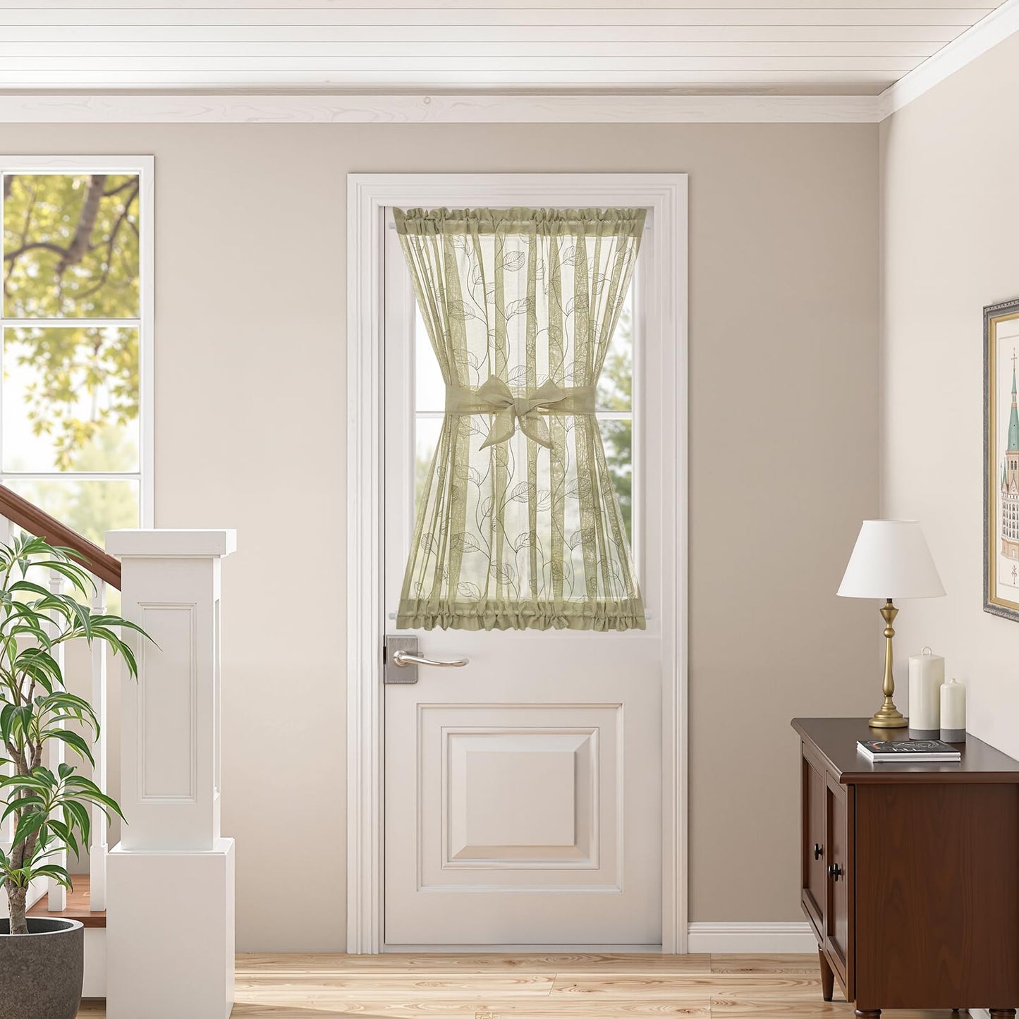jinchan French Door Curtain Privacy Rustic Leaf Embroidered Semi Sheer Voile Front Curtain for Window Doorway Closet, Door Panel with Tieback Rod Pocket 1 Panel 55W x 40L Inch Sage Green