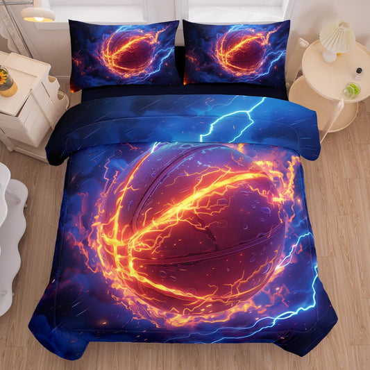 RUPSLO 5 Pieces Basketball Comforter BeddingTwin,Fire and Ice Basketball Theme Sports Comforter Set Twin,Boys Basketball Bed Set with Sheets(Blue)