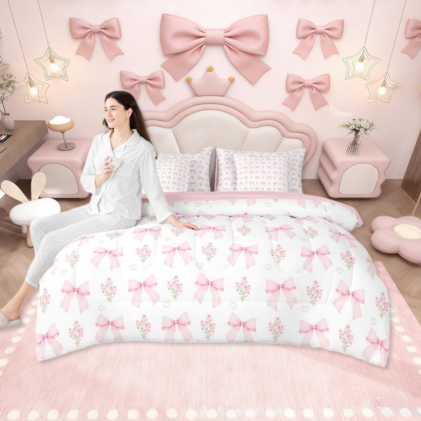 Erosebridal Bow 7 Piece Comforter Set King Bed in a Bag for Girls Kids,Girly Pink Floral Coquette Comforter,Heart Shaped Bow Ties Bedding Sets Dreamy Princess Style Bowknot Sheet Set with Comforter