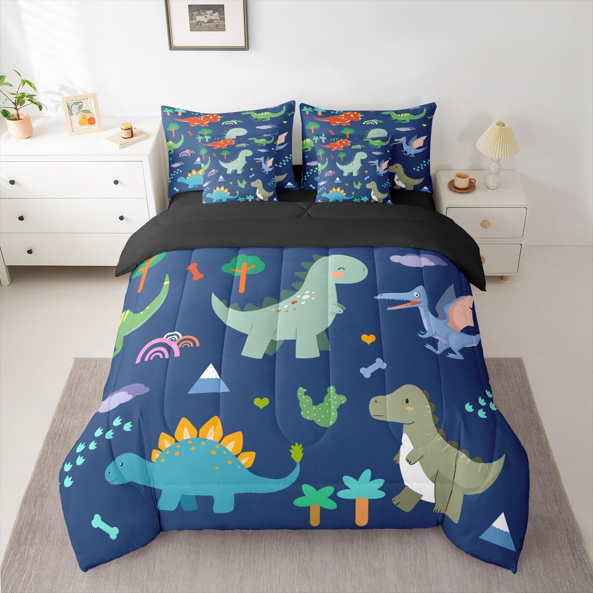 Erosebridal Cartoon 7 Piece Bedding Set King Dinosaur Comforter Set with Sheets Tree Bones Footprints Pterosaur Bed in a Bag Rainbow Triceratops Cute Dinosaur for Kids Boys Girls