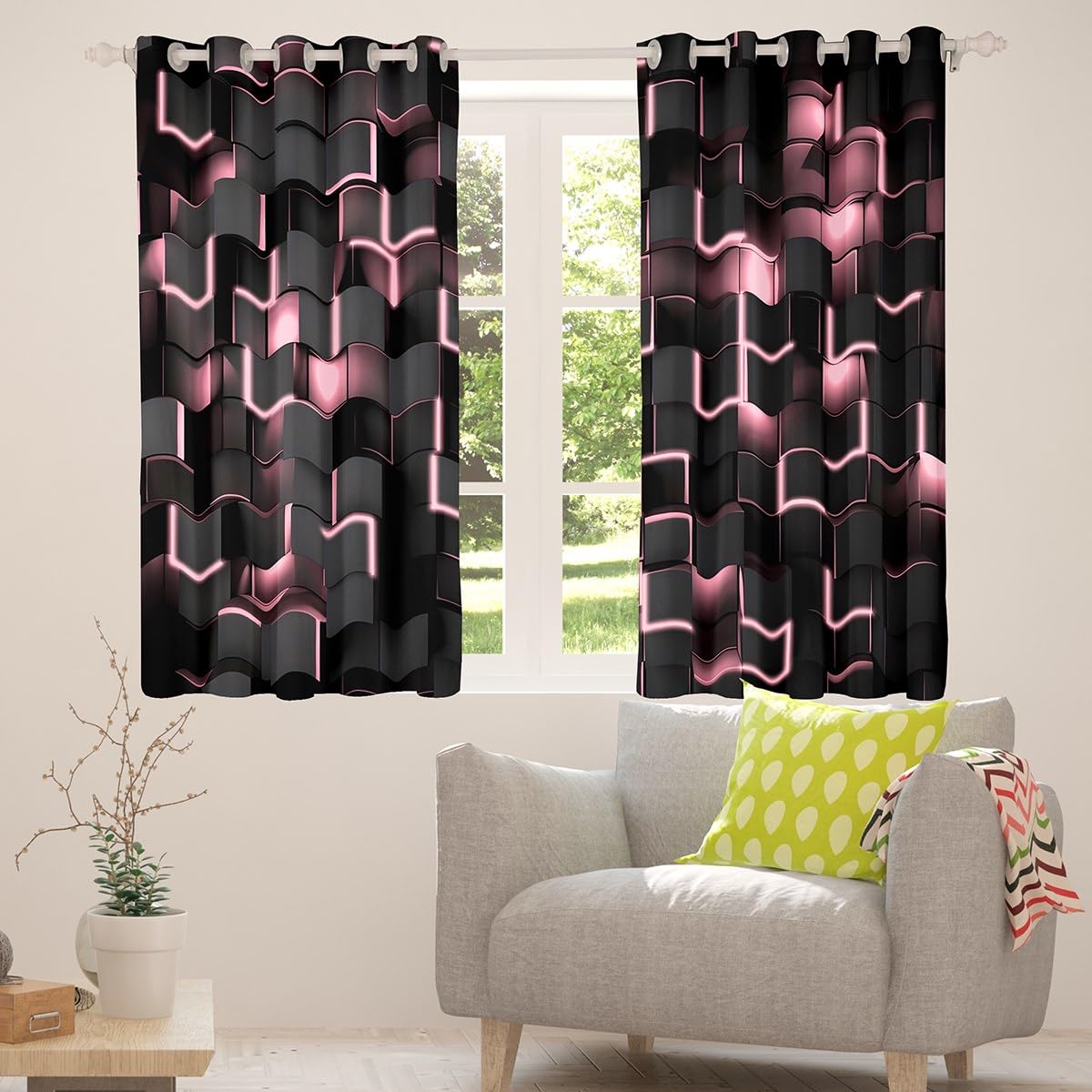 Feelyou Pink and Black Darkening Drapes (2 Panels, 52 x 90 Inch) Light Geometric Curtains for Bedroom Living Room Decor Blackout Curtains Modern Style Window Treatments