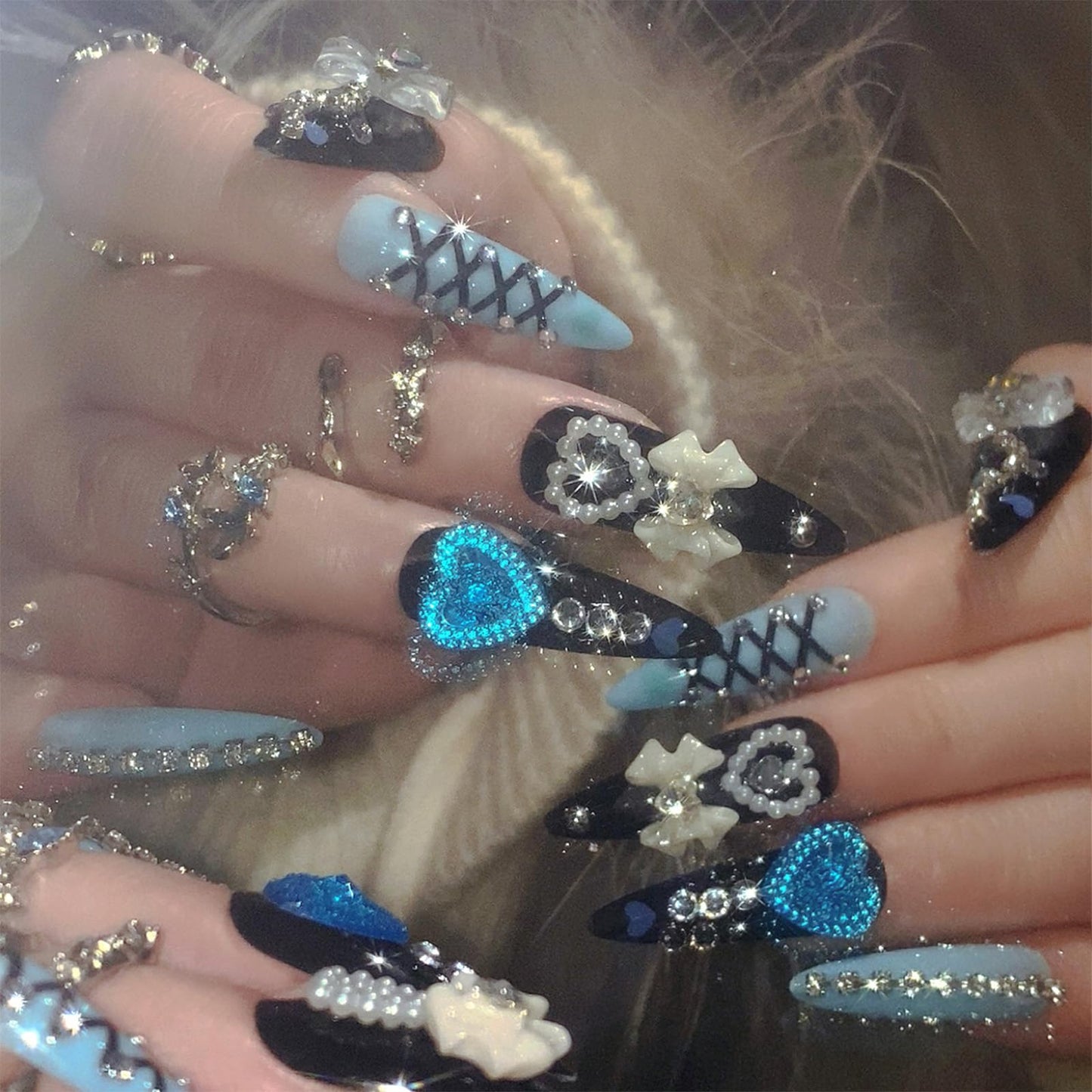 SINHOT Stiletto Press on Nails - Long Fake Nails, Glossy Finish, Handmade Luxury Charms & Black Blue, DIY Artificial False Nail Art - 24 Pcs Nail Kit with Glue