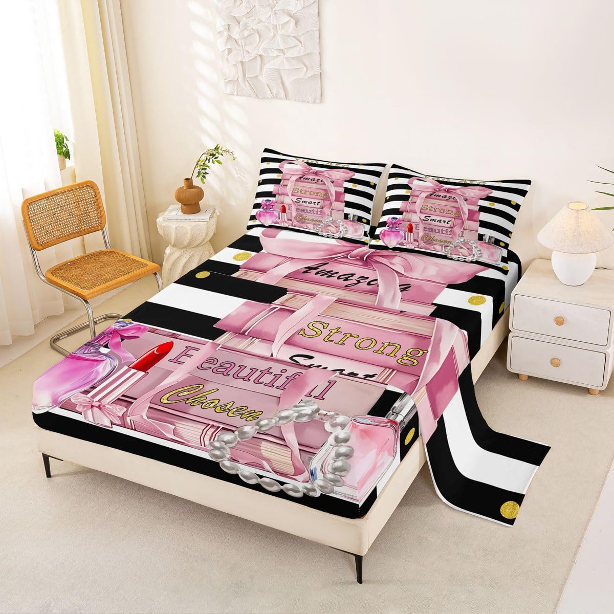 Erosebridal Pink Cute Sheet Set King Size Girly Fashion Bow Bed Sheets for Girls Teens Kids Women Modern Black and White Stripe Bedding Set Positive Quotes Books Pearl Perfume Sheets