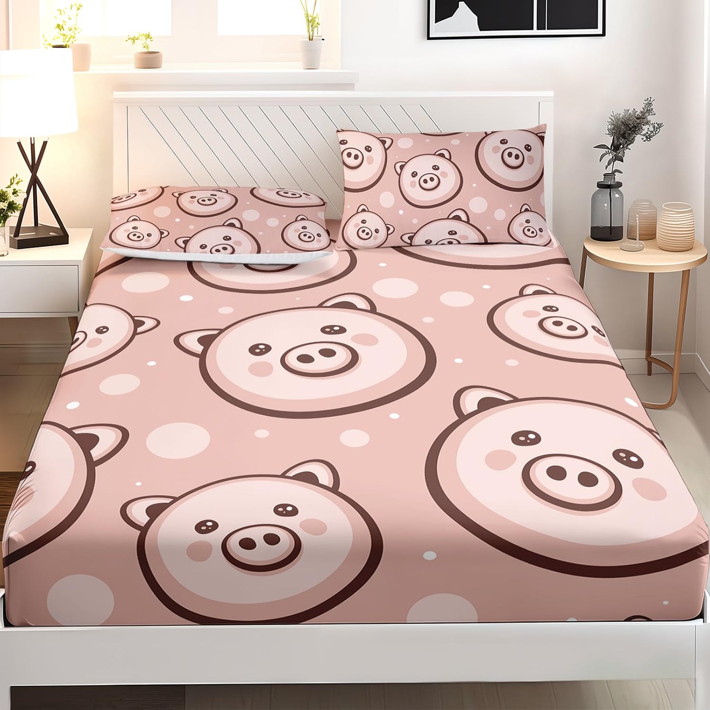 AILONEN Funny Pig Fitted Sheet Set Twin Size,3-Piece Cute Animal Bed Sheet Set for Kids,Cartoon Pig Print Pink Microfiber Fitted Sheet with 2 Pillowcases,All Season