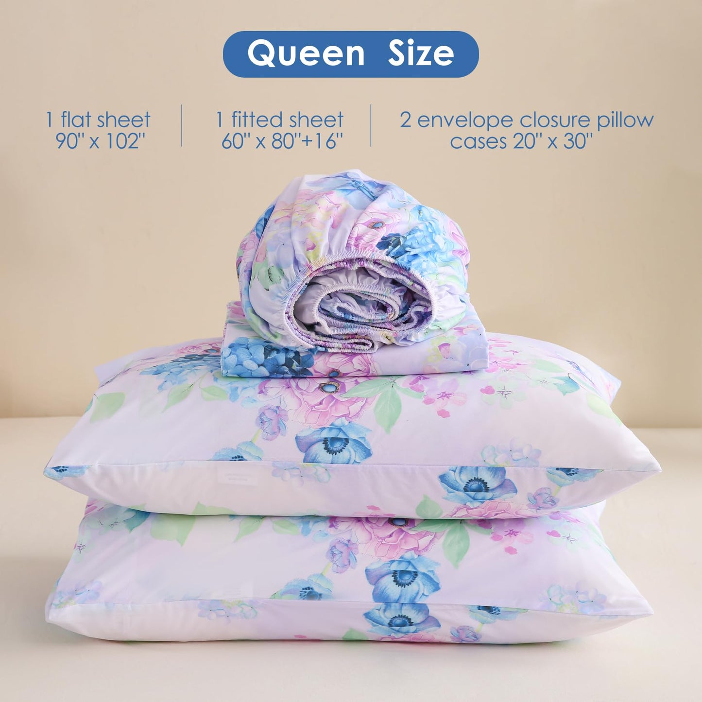 JSD Purple Hydrangea Floral Sheet Set Queen Size, 4 Piece Soft Spring Printed Microfiber Bed Sheets Deep Pocket