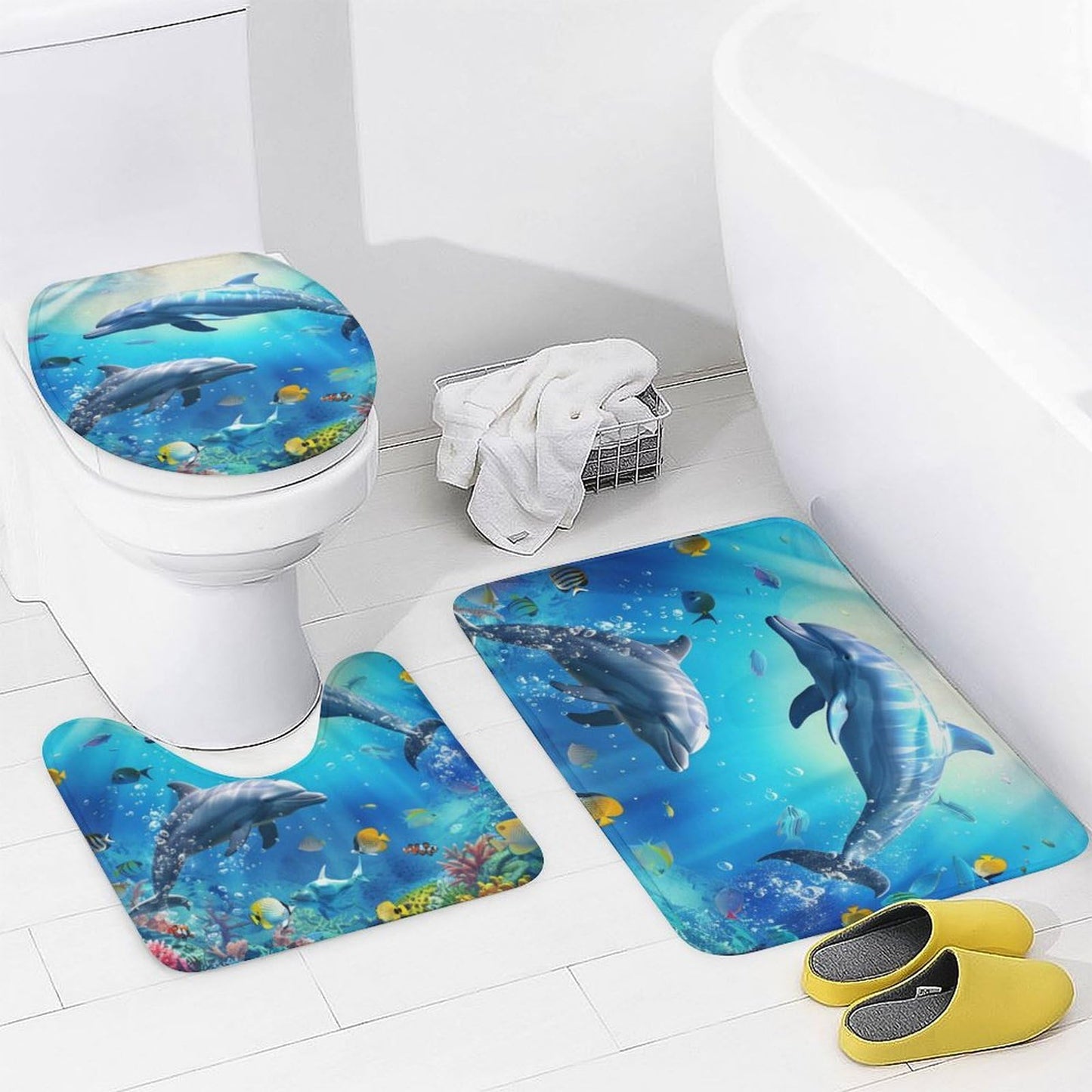HDESDIS 4Pcs Blue Dolphin Shower Curtain Set, Non-Slip Rug Toilet Lid Cover Bath Mat, Ocean Tropical Fish Coral Reef Bathroom Shower Decor Set Accessory, 72" x 72"