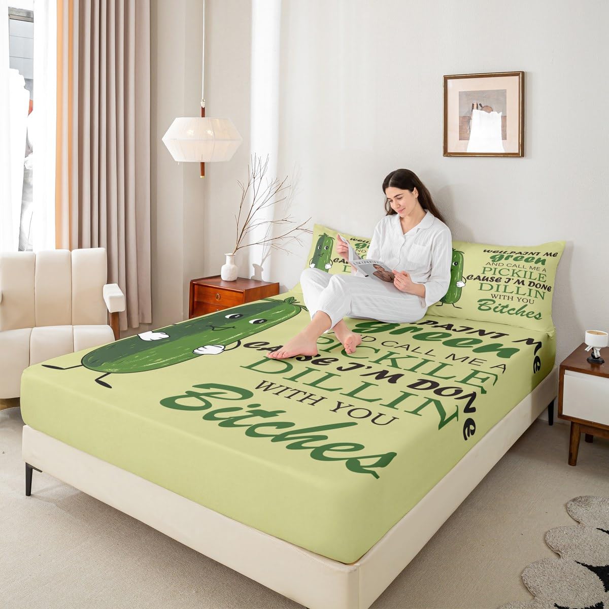 Feelyou Kids Pickles Sheet Set Twin Size Cute Pickles Bed Sheets Set for Boys Teens Decor Funny Cucumber Print Sheets with Deep Pocket Fitted Sheet Green Vegetable Bedroom 3Pcs
