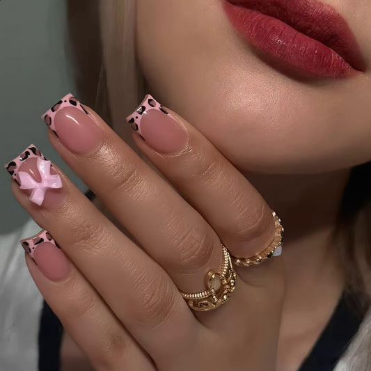 IEORGYIG Press On Nails Leopard Print Square Shape Fake Nails with Pink 3D Butterfly Bow，Reusable False Nails with Glue Tabs - 24Pcs Manicure Kit for Women and Girls