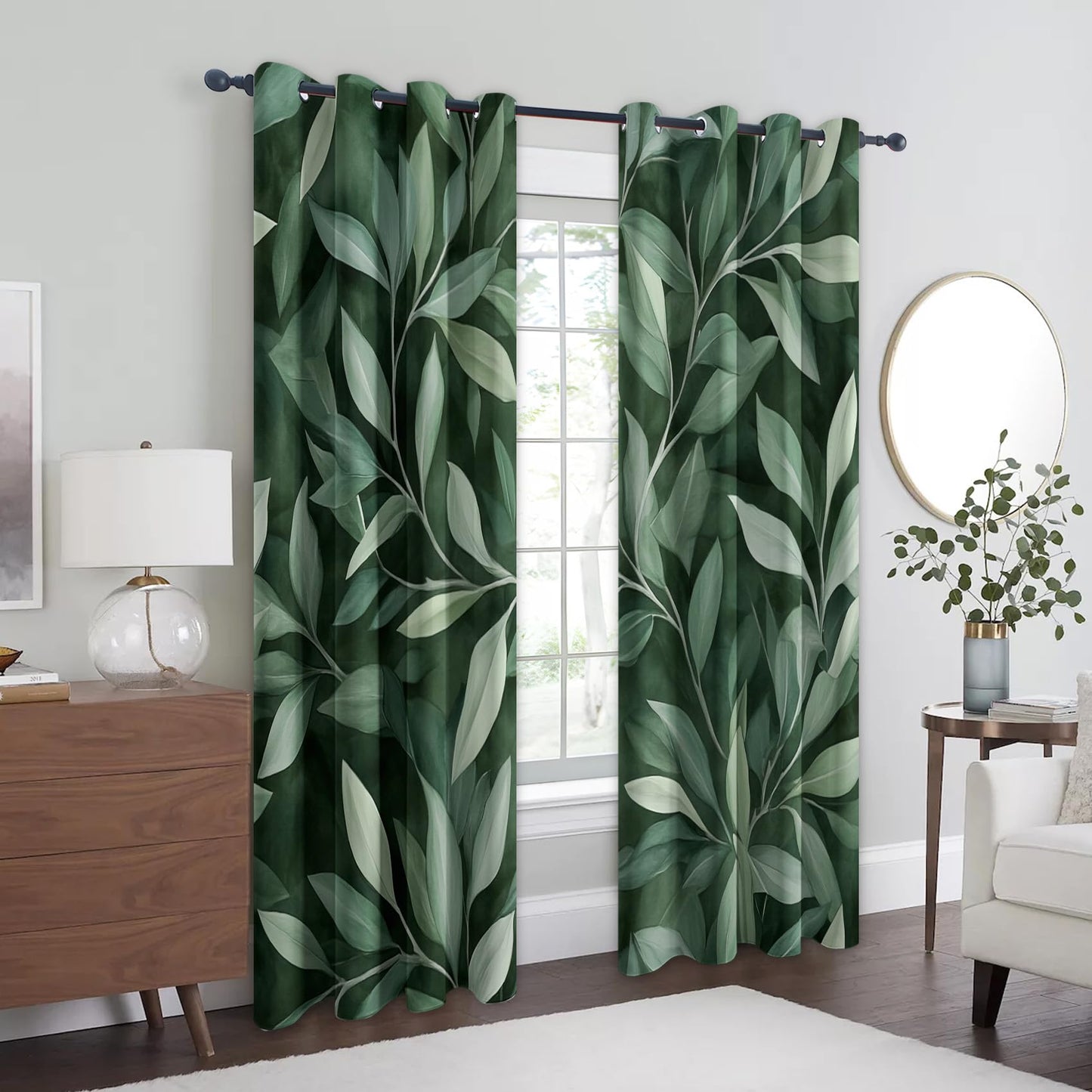 MOBEITI Leaf Curtains for Living Room - Green Leaf Curtain for Bedroom Living Room, Leaves Window Curtains, Botanical Home Decor Drapes 2 Panel Sets, Grommet Black Out Curtain 63 Inch Long