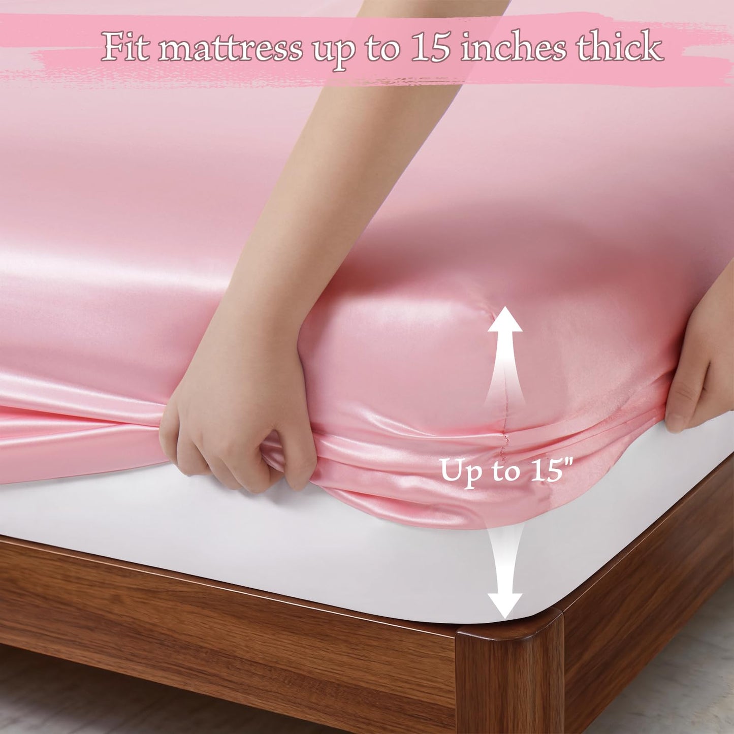 P Pothuiny 3-Piece Set Pintuck Satin Pillowcases & Twin Fitted Sheet, Blush Pink Satin Sheet Silky Soft Luxury Romantic Pinch Pleated Bedding Bedroom Dorm Decor, 15 Inch Deep Pocket