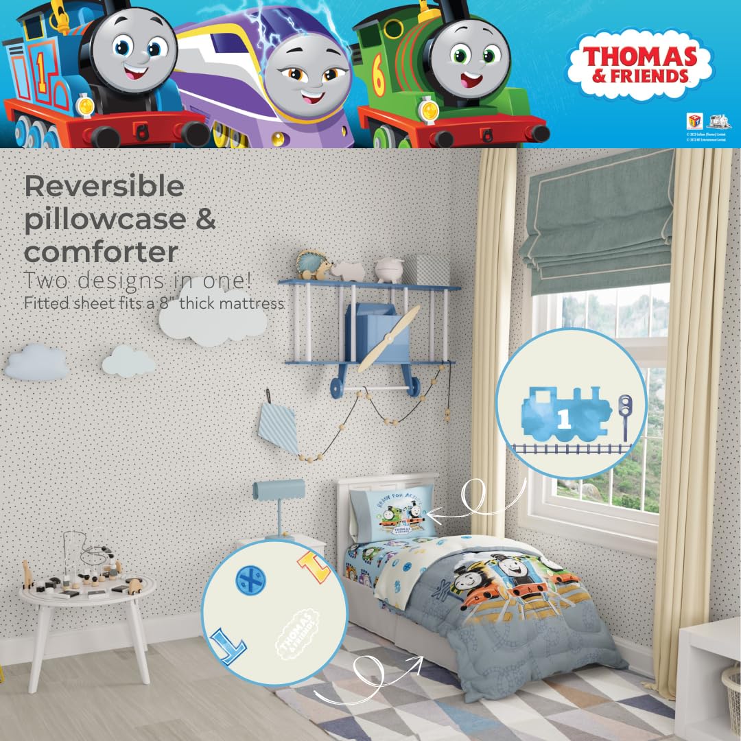 Thomas & Friends 4 Piece Toddler Bed Set – Super Soft & Cozy Reversible Microfiber Comforter and Sheets (Officially Licensed Product) By Franco