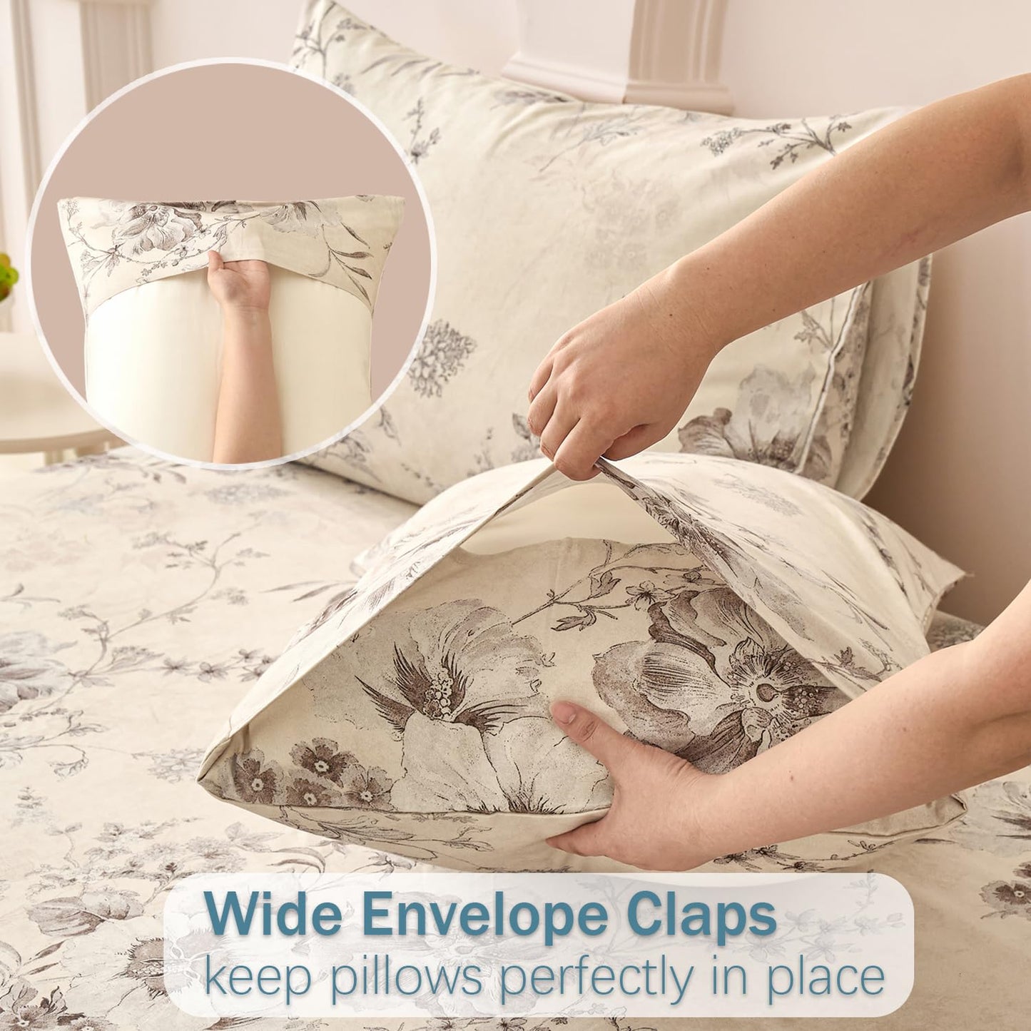 Huborise Beige King Size Sheet Set 100% Cotton Flannel-Like Warm Luxury Peony Toile Floral Bed Sheets 4Pc Deep Pocket 17.5", Double Brushed Extra Soft Breathable, Fall/Winter French Country Bedding