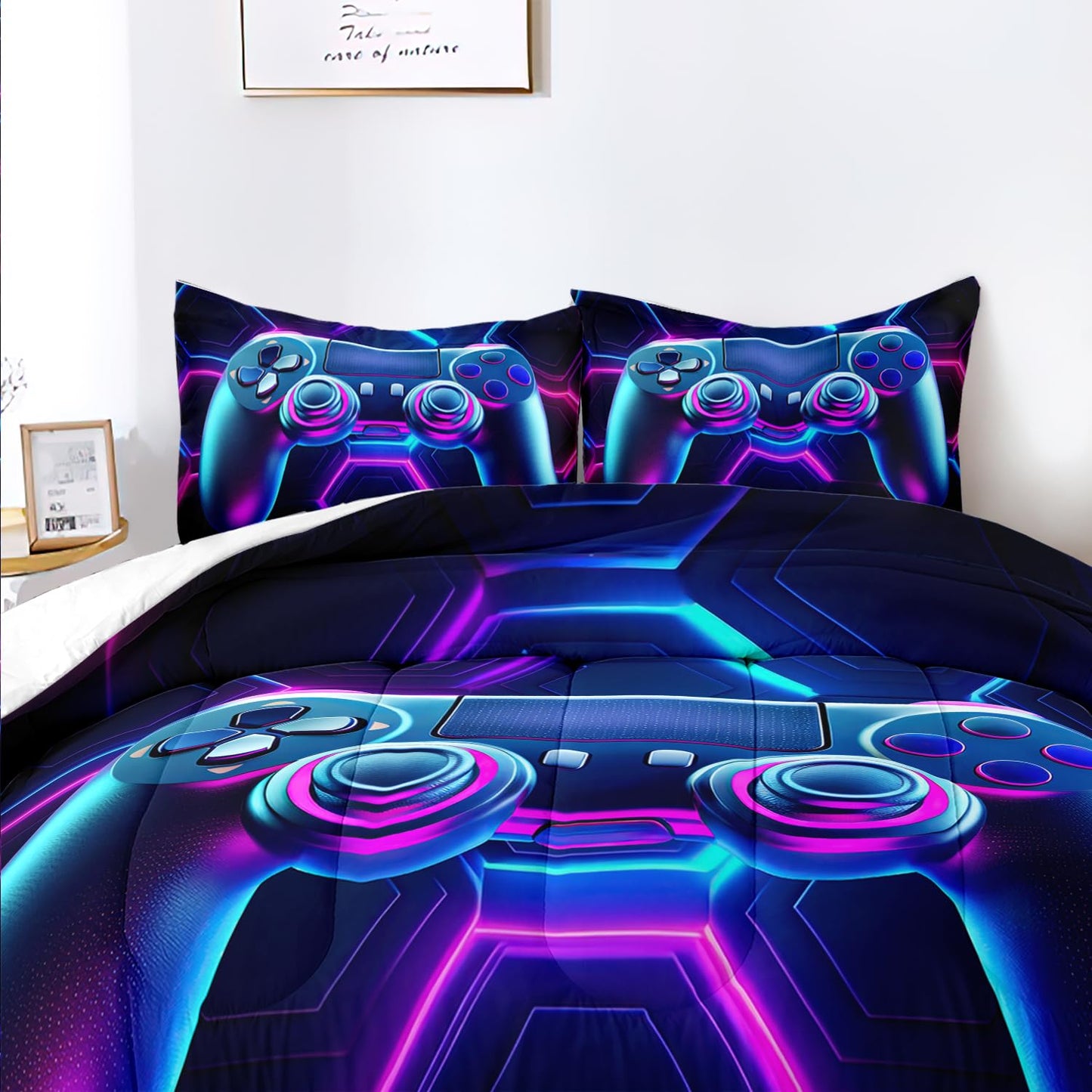 Raphus cucullatus Gaming Gamer Comforter Set for Boys Blue Gaming Quilt Gamepad Bedding Bed Set Queen Size,Video Game Decor for Boys Room