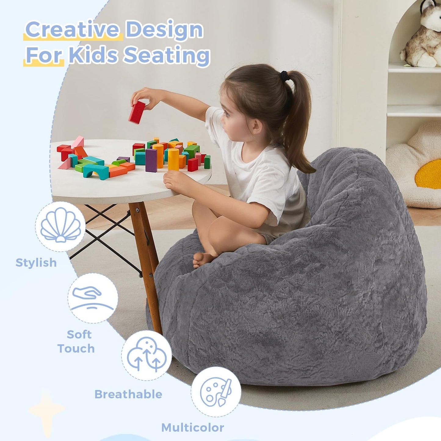 MAXYOYO Bean Bag Chair for Kids, Shell Shaped Bean Bag Couch for Boys and Girls, Toddler Chair Bean Bag Sofa for Playroom, Nursery Room, Dark Grey