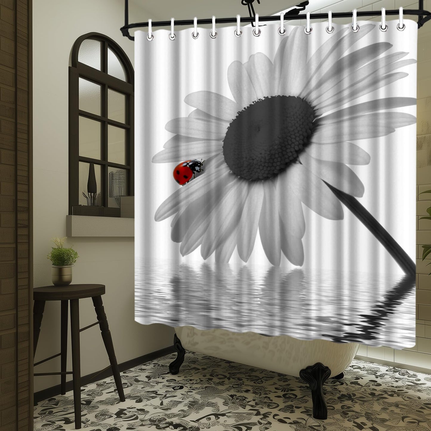 LeAquaNook Sunflower Shower Curtain Black and White Flower with Red Ladybug Design Print Home Decor Waterproof Polyester Fabric 72 x 72 inches Set with Hooks