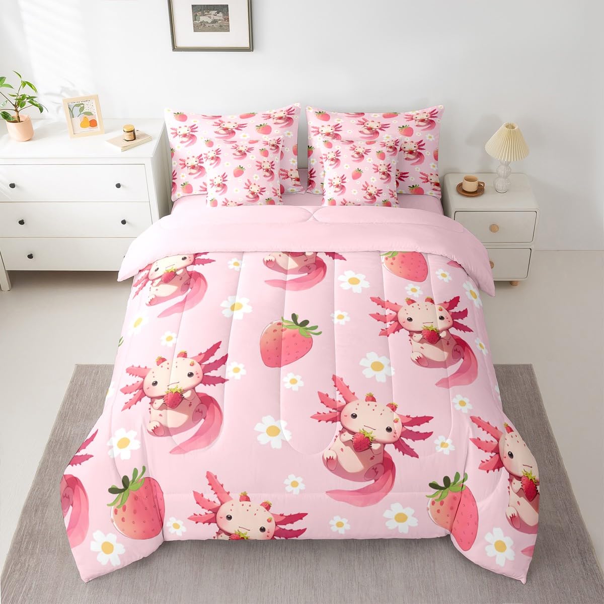 Erosebridal Strawberry Axolotl Queen Comforter Set Cute Pink Axolotl Bed in a Bag for Kids Girls Teens Cute Daisy Flower 7-Piece Bedding Set Kawaii Sea Animal Quilt Duvet Sets with Floral Design