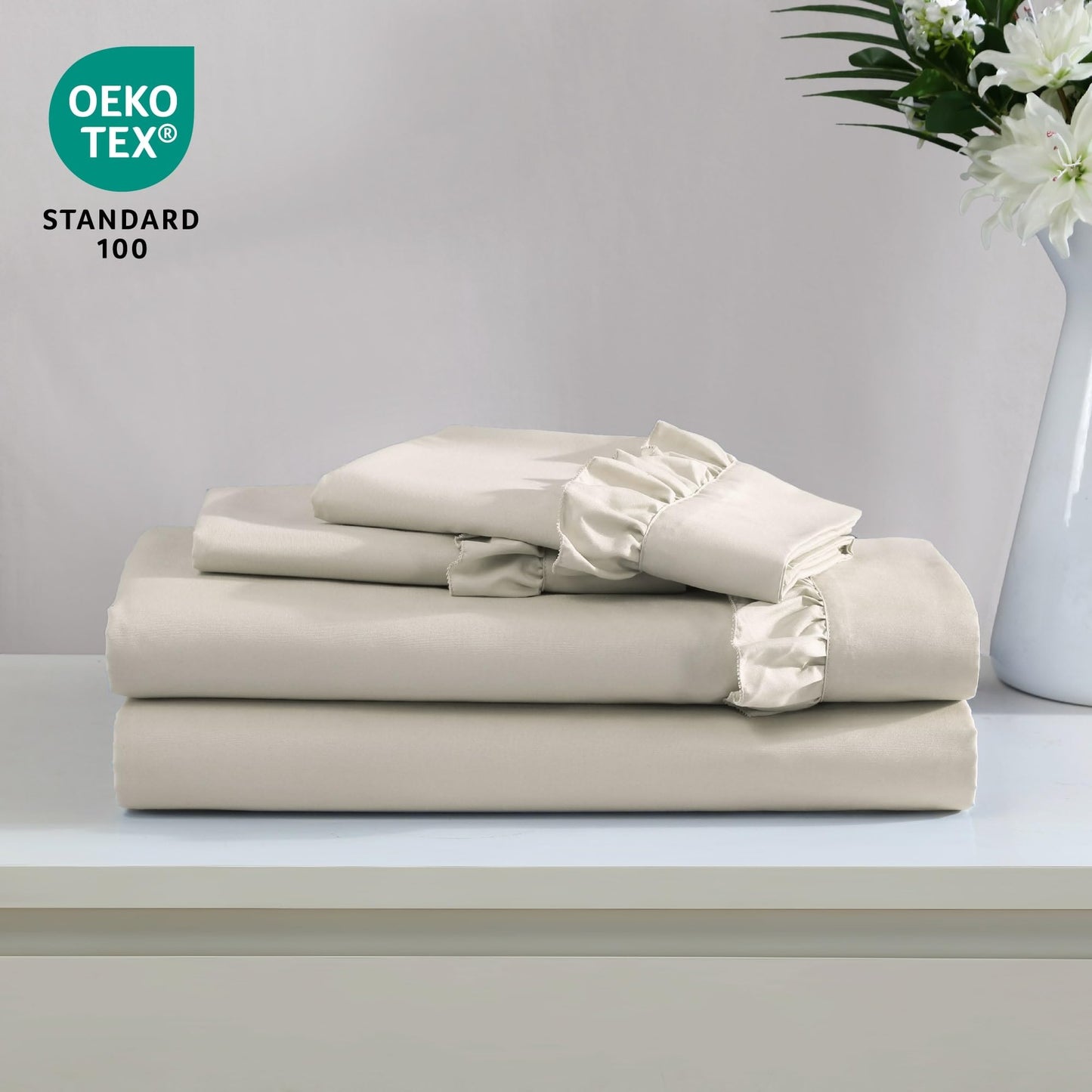 Swift Home Ultra-Soft Elegant 2-inch Ruffled Hem Design on Flat Sheet and Pillowcases, Wrinkle Resistant, Fade Resistant, Deep Pocket, Double Brushed 4-Piece Microfiber Sheet Set - King, Taupe