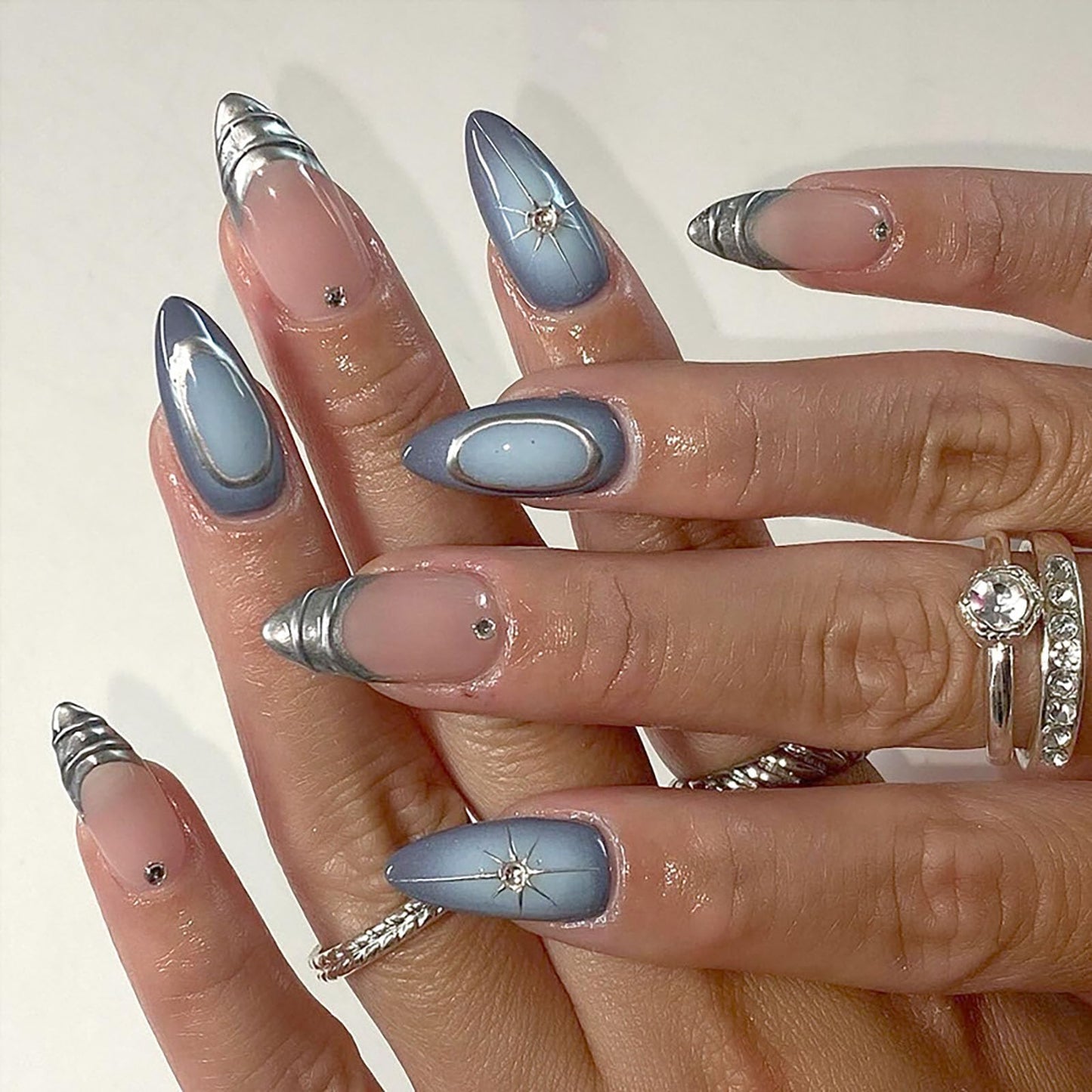 RUOKEXIN Almond Press on Nails French Tip Fake Nails Medium False Nails with 3D Designs Silver Nail Press ons Sparkly Artificial Nails for Women 24Pcs