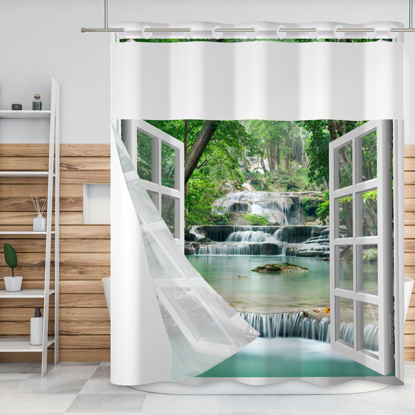 Baocicco No Hook Shower Curtain with Snap in Liner Nature Landscape Summer Forest River Jungle Waterfall Lake Waterproof No Hook Fabric Window Scenery Shower Curtains Set for Bath Bathtub 71x74 Inch