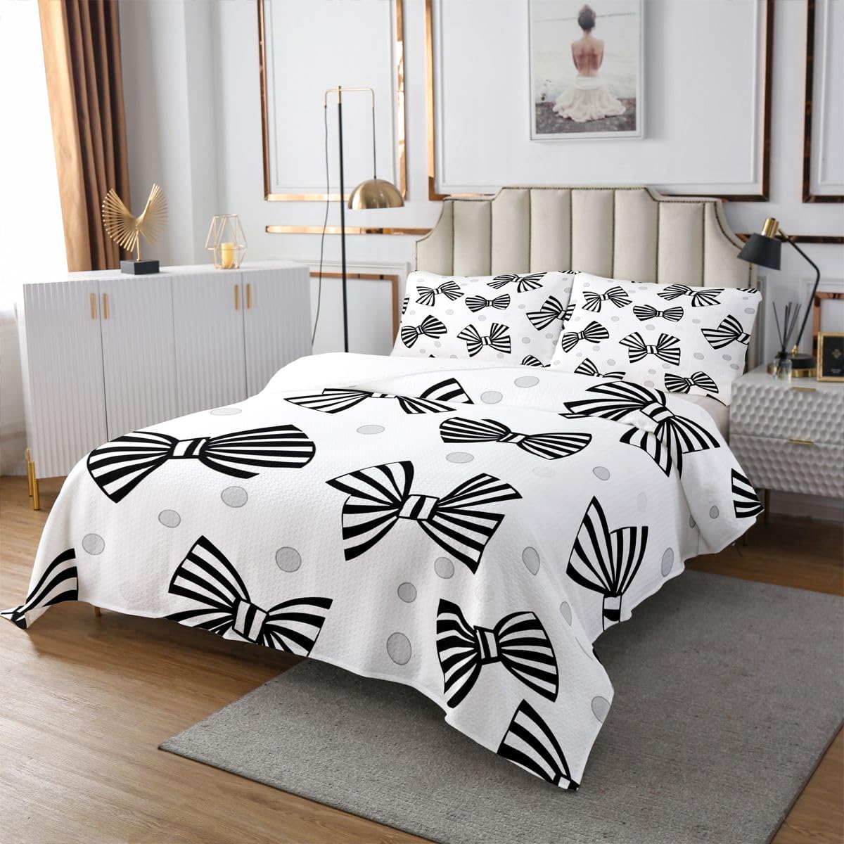 jejeloiu Black White Bow Bedspread Queen Size Stripes Wave Point Coverlet Set Dreamy Princess Quilted Coverlet for All Season with 2 Pillowcases Microfiber Lightweight