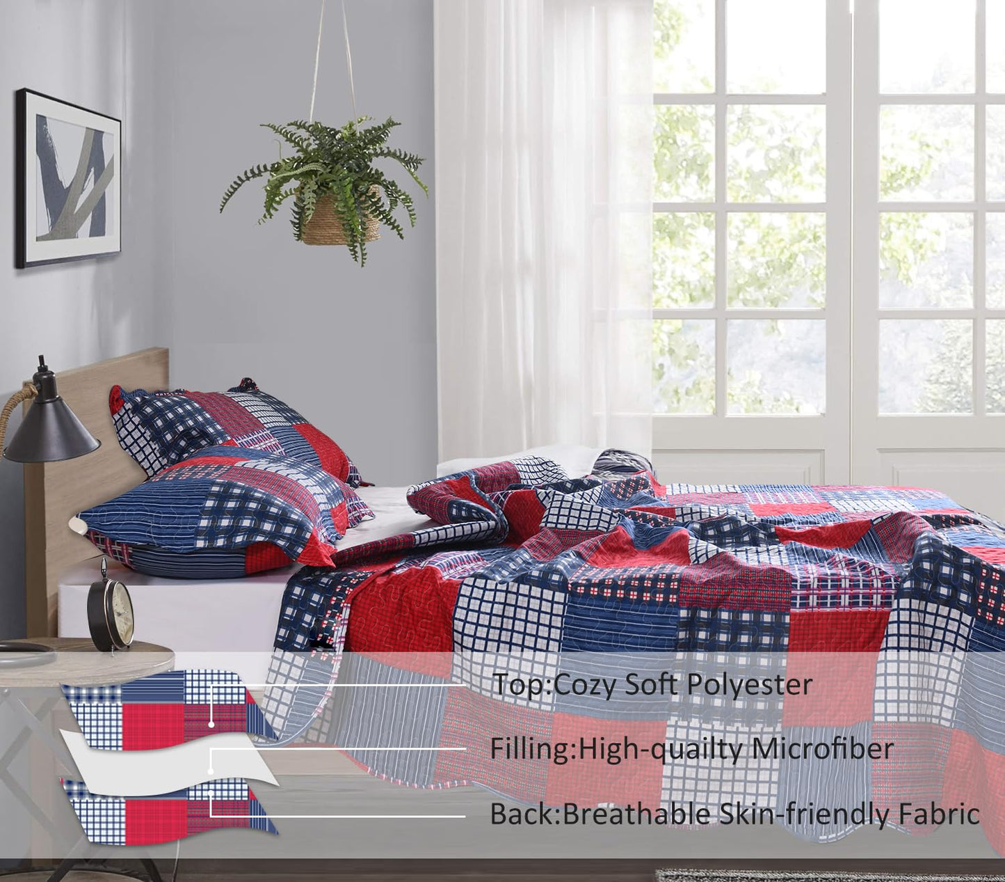 Jessy Home Plaid Quilt Set King Bedspread Coverlet Set Red Blue White Patchwork King Size Quilt Set Bedding Soft Lightweight Quilts Coverlet Country Reversible Quilt Bed Spread with 2 Pillow Shams