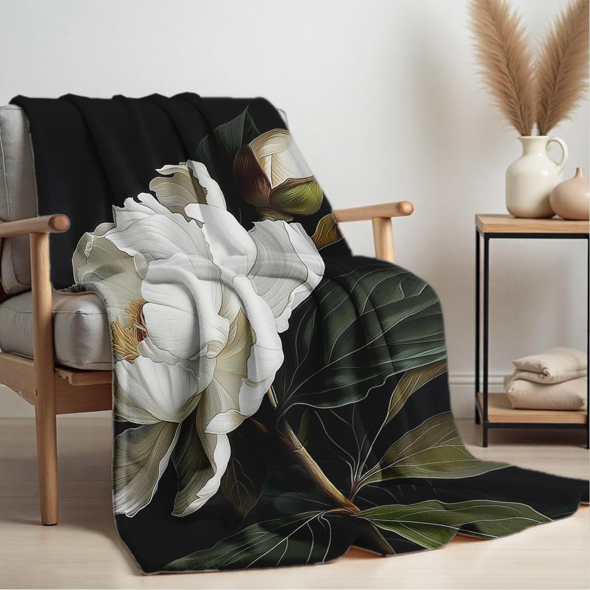 HUNXIAOJ Magnolia Print Blanket Black and White Throw Soft Magnolia Flannel Blanket Flower Bedding Decor Gifts Botanical Floral Throw for Bed Couch (59"x78")