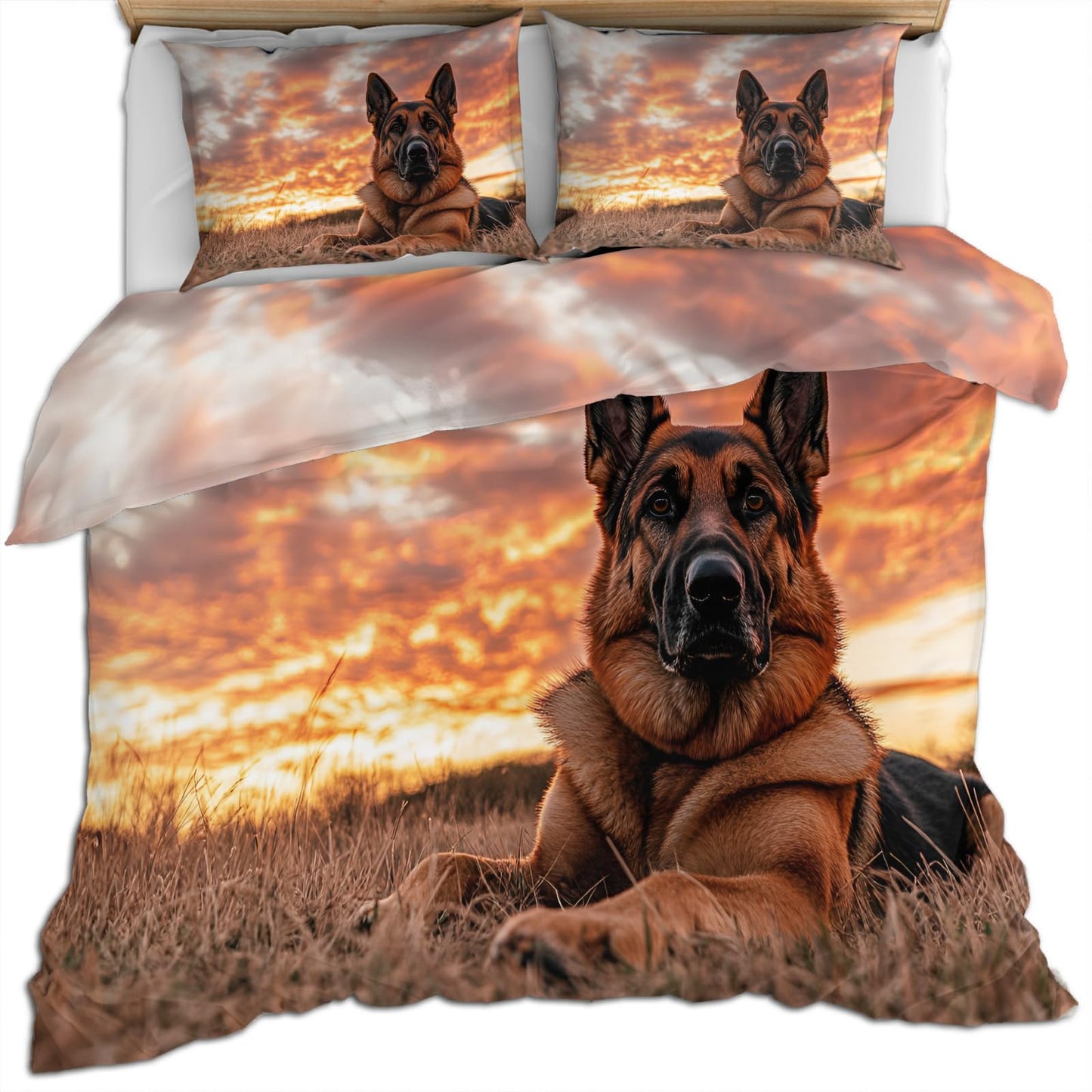 PAISUOQ Dog Print Bedding Sets Full Sunset Landscape Comforter Cover with Zipper Ties, German Shepherd Lovers Duvet Cover with 2 Pillowcases, 3 Pieces，Bedroom Decor & Gifts