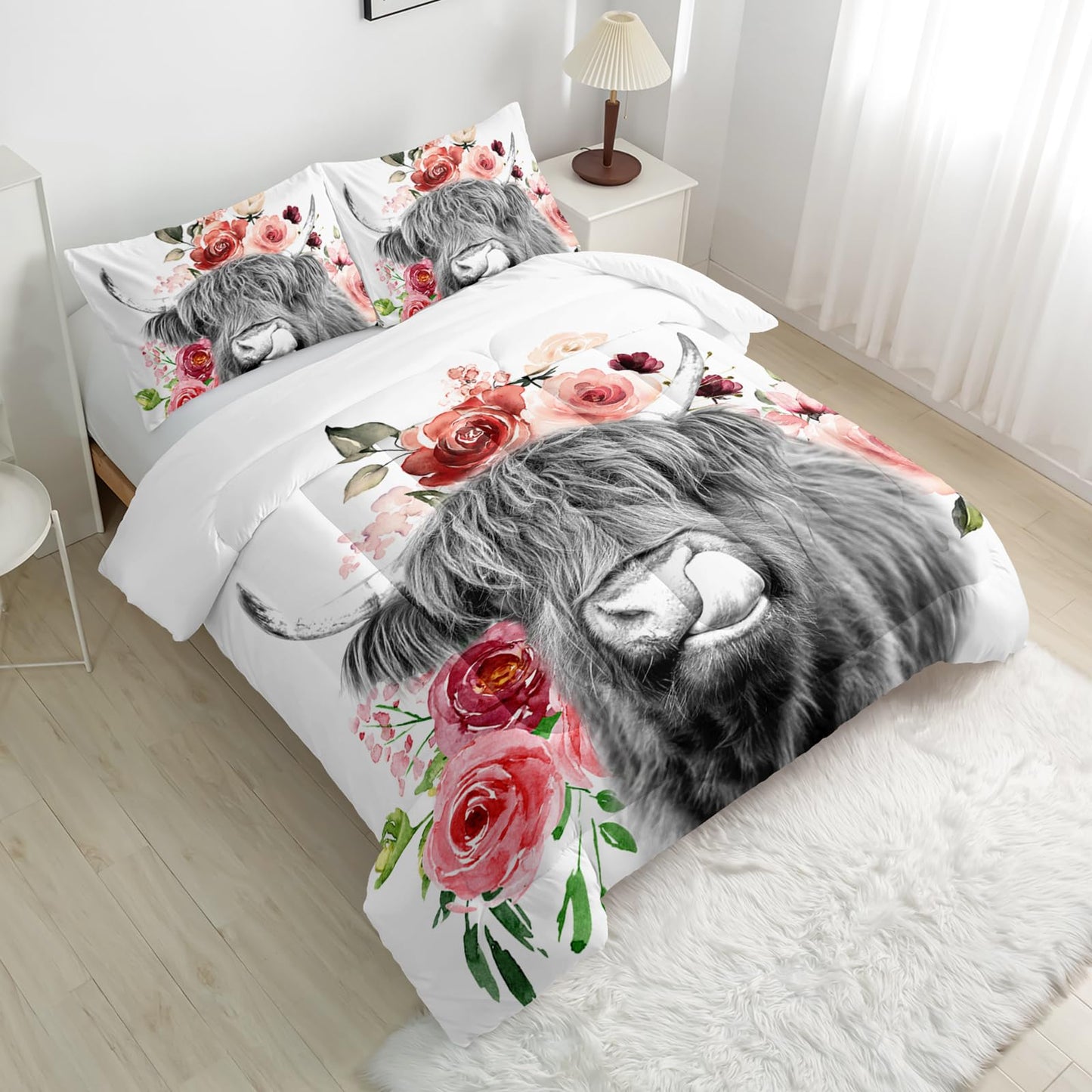 Nttopship Highland Cow Comforter Set - Twin Size, Kids' Wildlife Farmhouse Flower Comforter with 2 Pillowcases