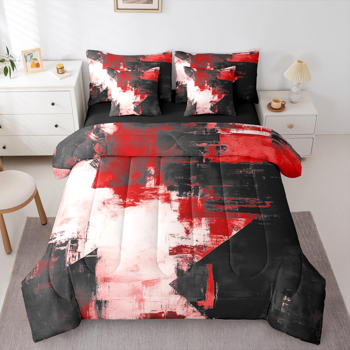 Feelyou Abstract King Comforter Set with Sheets for Kids Boys Girls Modern Abstract Art 7 Pieces Bedding Set Luxury Bed in a Bag Geometric Room Decor Red Balck Soft Lightweight Microfiber