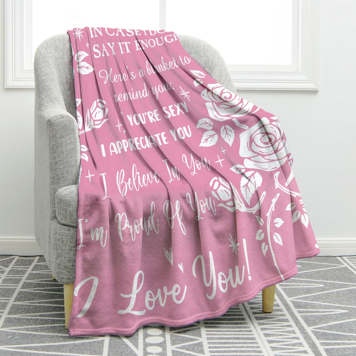 Jekeno Affirmation Blanket Gifts for Her Wife Girlfriend Women I Love You Inspirational Positive Romantic Rose Blankets Throw for Anniversary Birthday Decor Home Sofa Couch 50"x60"