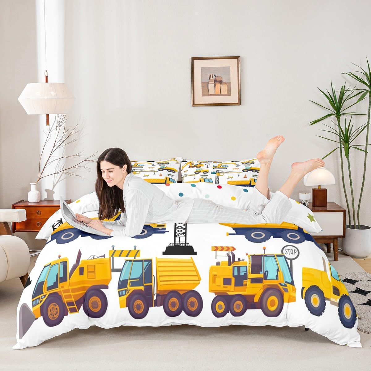 Erosebridal Kids Construction Queen Bedding Sets for Boys,Excavator Trucks Comforter Cover Cartoon Tractor Car Vehicle Toddler Bed Set Yellow Blue (1 Duvet Cover and 2 Pillow Cases)