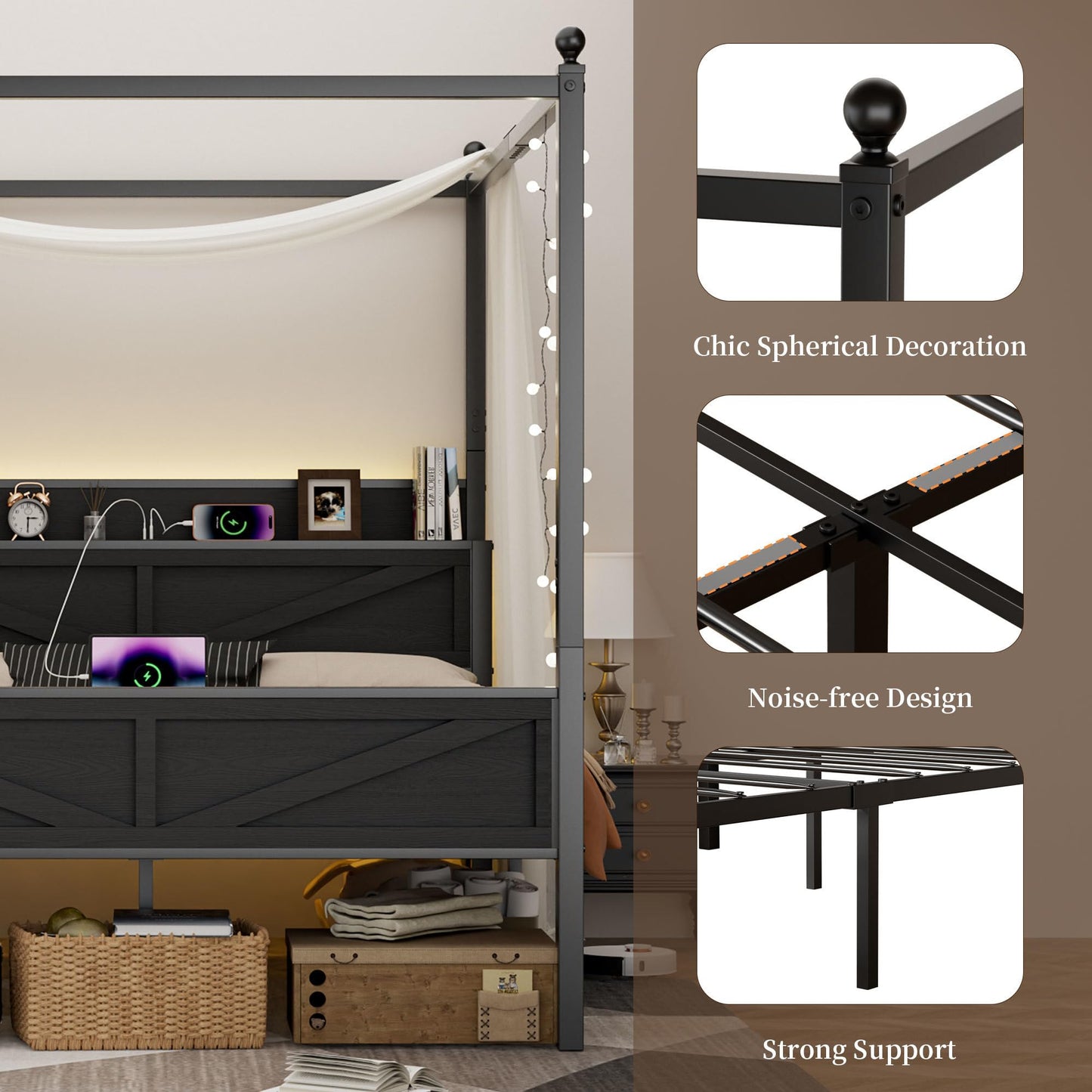 Tsovihe Full Size Canopy Bed Frame with Barn Door Storage Headboard, Metal Slats Support LED Light & Charging Station/No Box Spring Needed/Easy Assembly/Curtain Not Included/Black