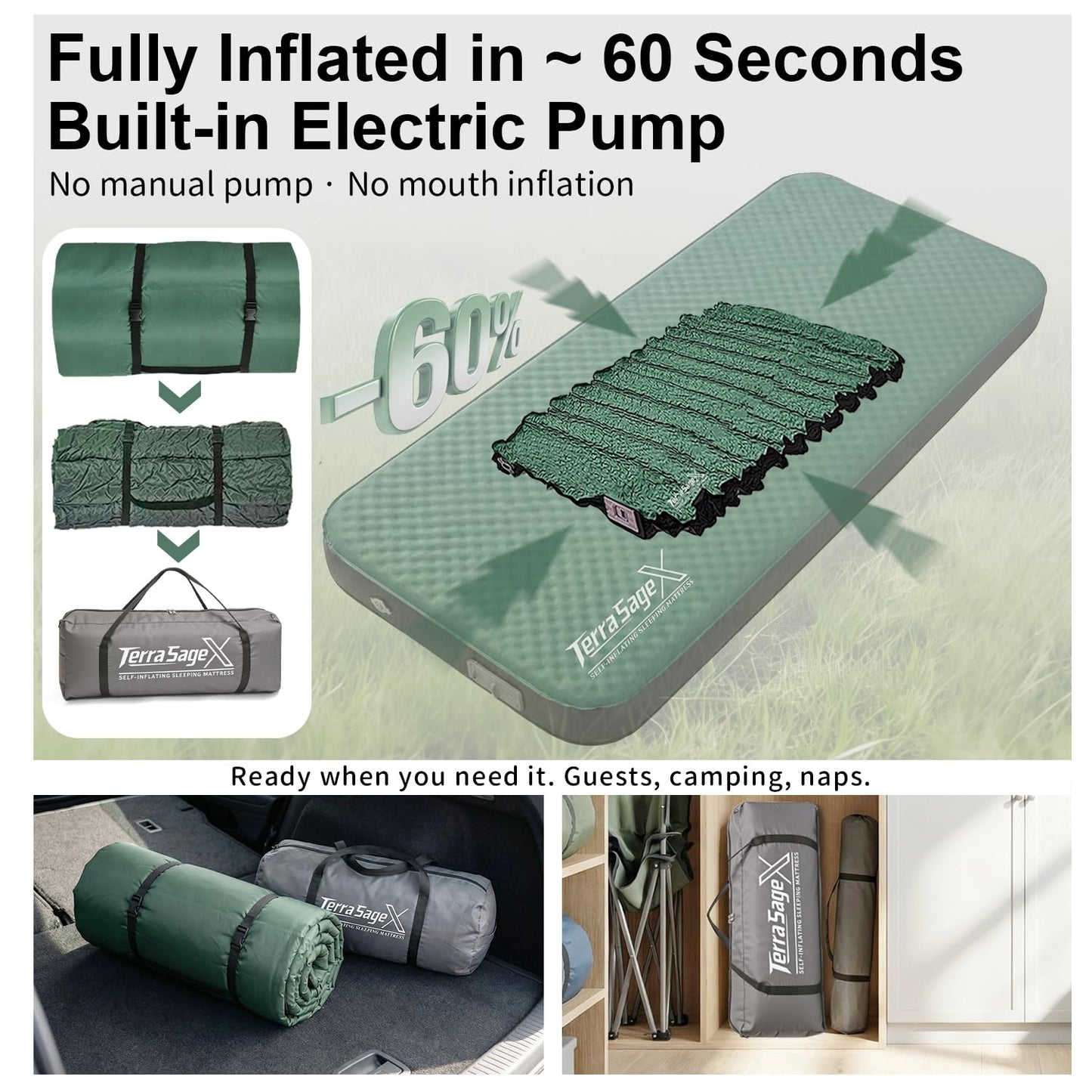 Terra Sage X Hybrid Comfort Camping Air Mattress, Self-Inflating Memory Foam Sleeping Pad with Built-in Electric Pump, 4.5" Thick Insulated Support for Bed-Like 4-Season Tent Sleep(Single,Green)