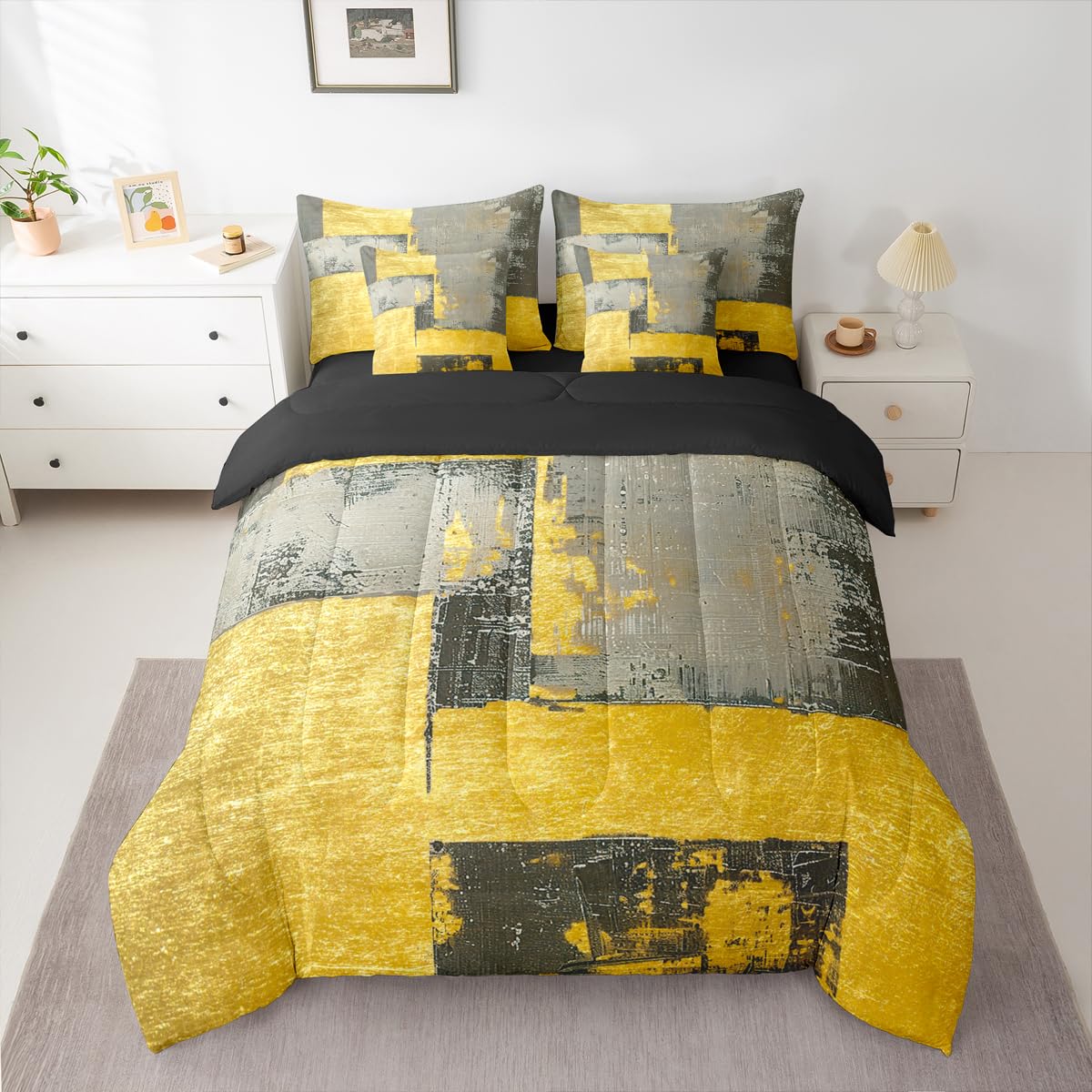 Feelyou Abstract King Comforter Set with Sheets for Kids Boys Girls Modern Abstract Art 7 Pieces Bedding Set Luxury Bed in a Bag Geometric Room Decor Gray Yellow Soft Lightweight Microfiber