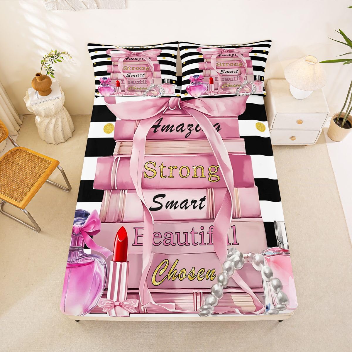 Erosebridal Pink Cute Sheet Set King Size Girly Fashion Bow Bed Sheets for Girls Teens Kids Women Modern Black and White Stripe Bedding Set Positive Quotes Books Pearl Perfume Sheets