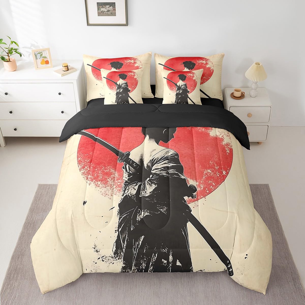 Erosebridal Cool Geisha Bedding Set 7Pcs,Female Samurai Comforter Set Twin for Kids Men Women,Japanese Ukiyoe Bed in a Bag,Traditional Kimono Quilt