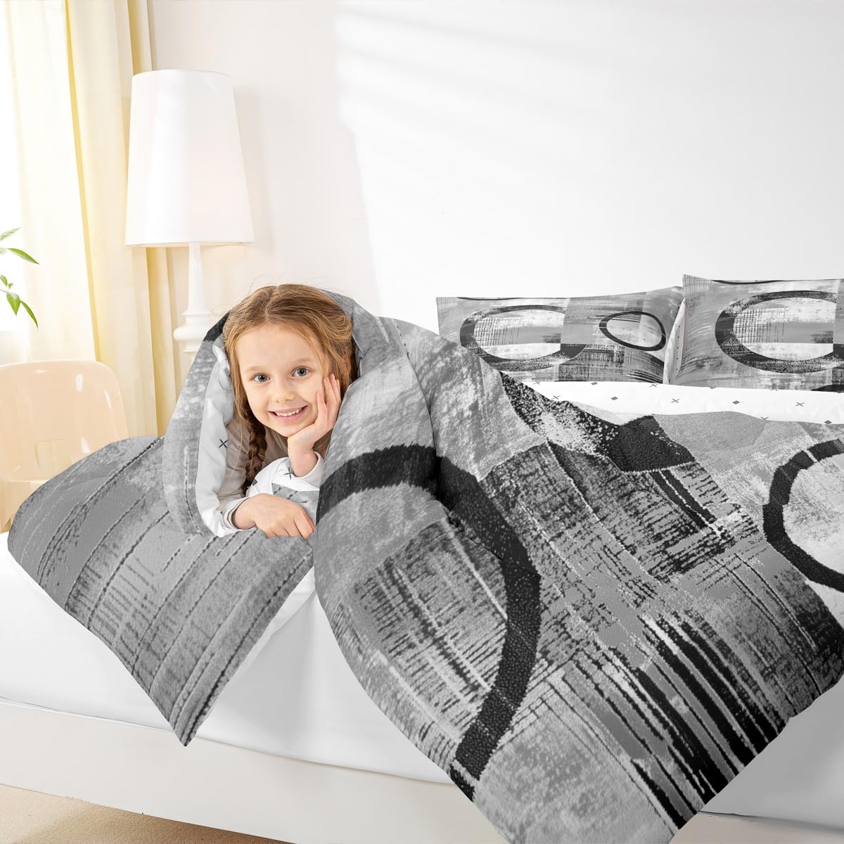 Feelyou Abstract Kids Comforter Set Full Size Modern Abstract Art Bedding Set Geometric Duvet Quilt for Kids Boys Girls Bedroom Luxury Decor Gray Ultra Soft
