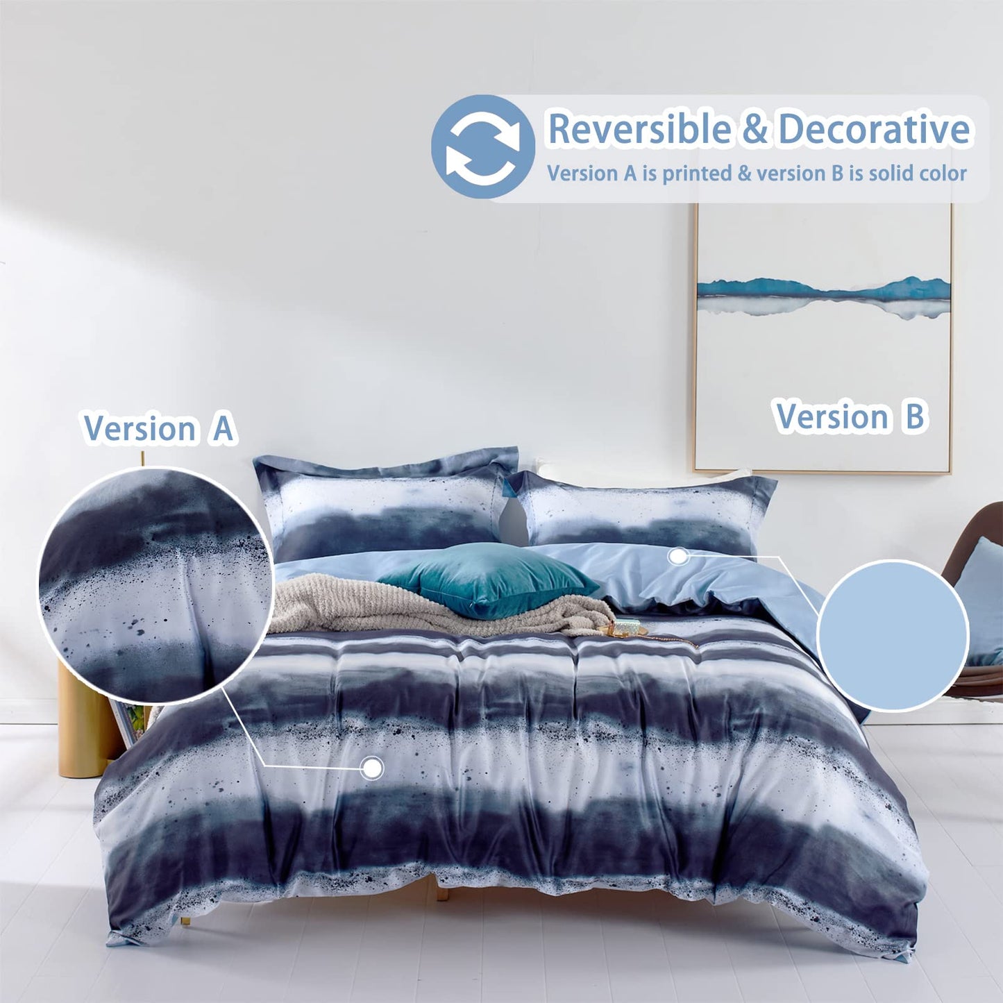 MILDLY 100% Long-Staple Cotton Duvet Cover Set Navy & White Striped Watercolor Pattern Printed Comforter Cover 3pcs, Ultra Soft & Breathable Bedding Set