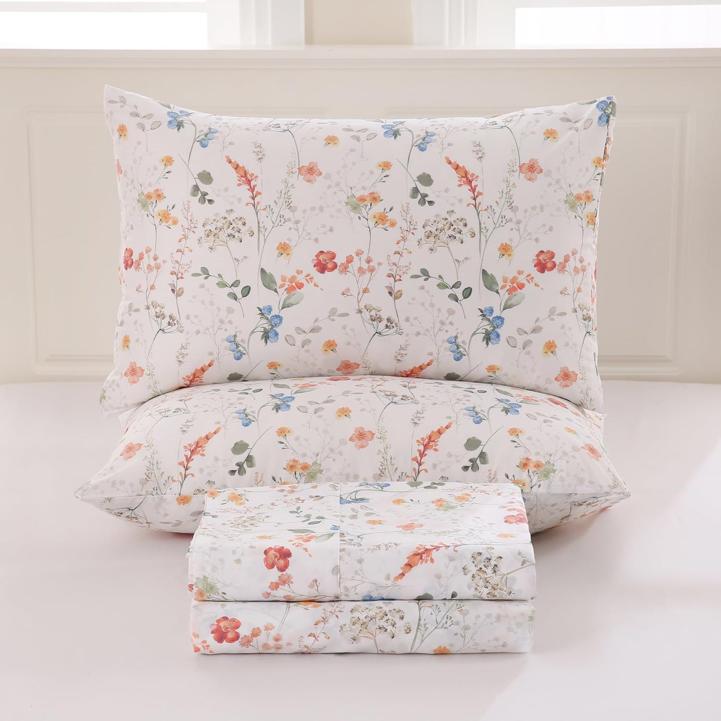 Zusbest Queen Sheet Set Floral Patterned 100% Percale Cotton Orange Blue Flower Sheets Set Green Botanical Printed on White Deep Pocket Fitted Sheets, Crisp Soft Breathable for Hot Sleepers, 4 Pcs