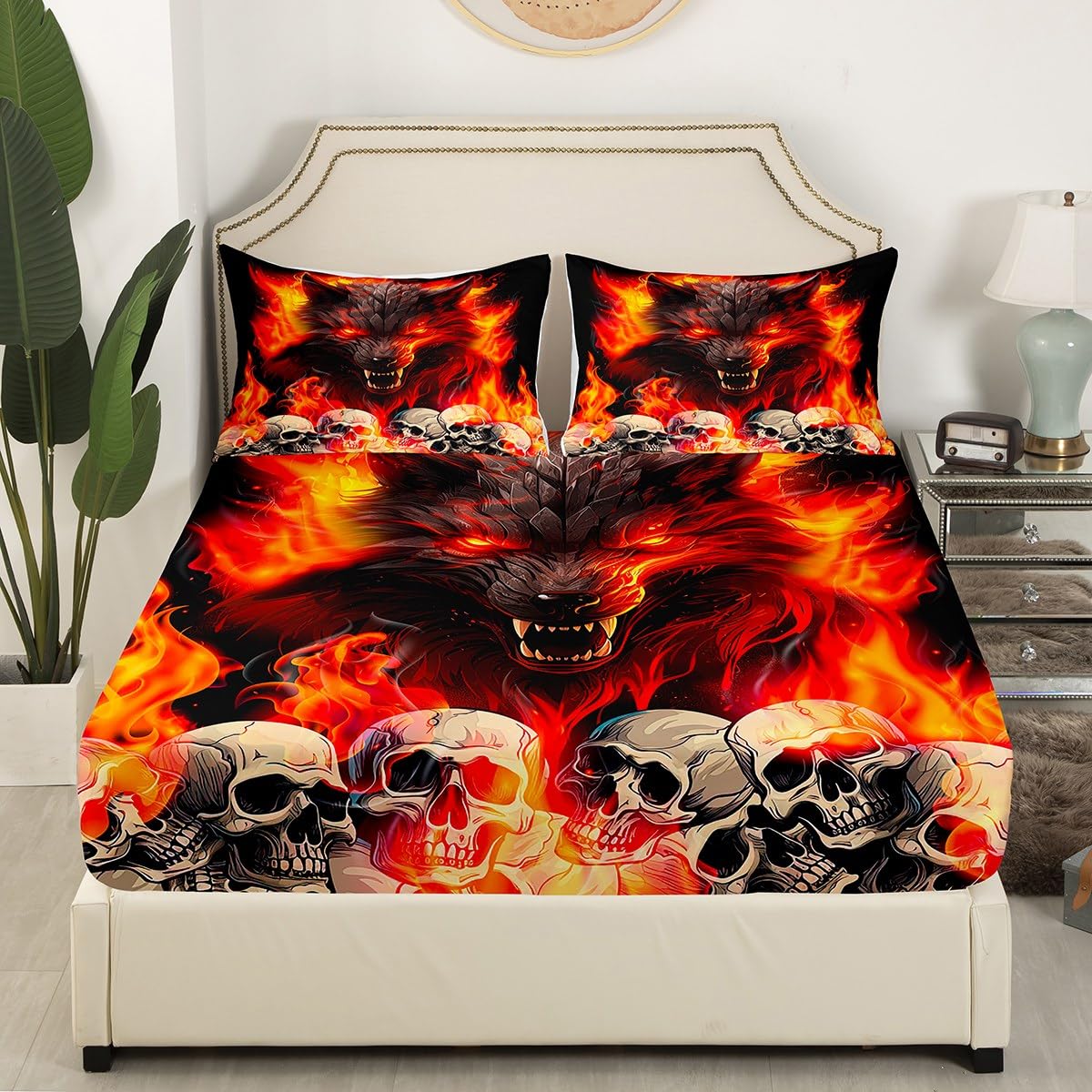 Manfei Fire Wolf Fitted Sheet Twin Size, Orange Flame Gothic Skull Bed Cover with 1 Pillowcase, Wild Animal Theme Bedding Set 2pcs for Kids Boys Teens Adults, Soft Polyester Bedding