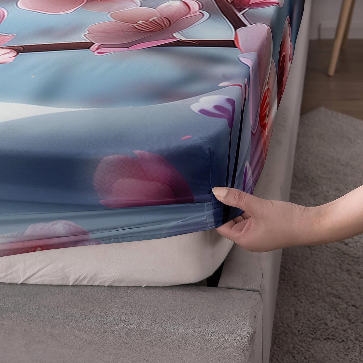AILONEN Cute Deer Fitted Sheet Set Twin XL,Winter Snow Pink Blossom Bed Sheet + 2 Pillowcases,Cartoon Animal Sika Deer Bedding Set for Kids Girls,3Pcs